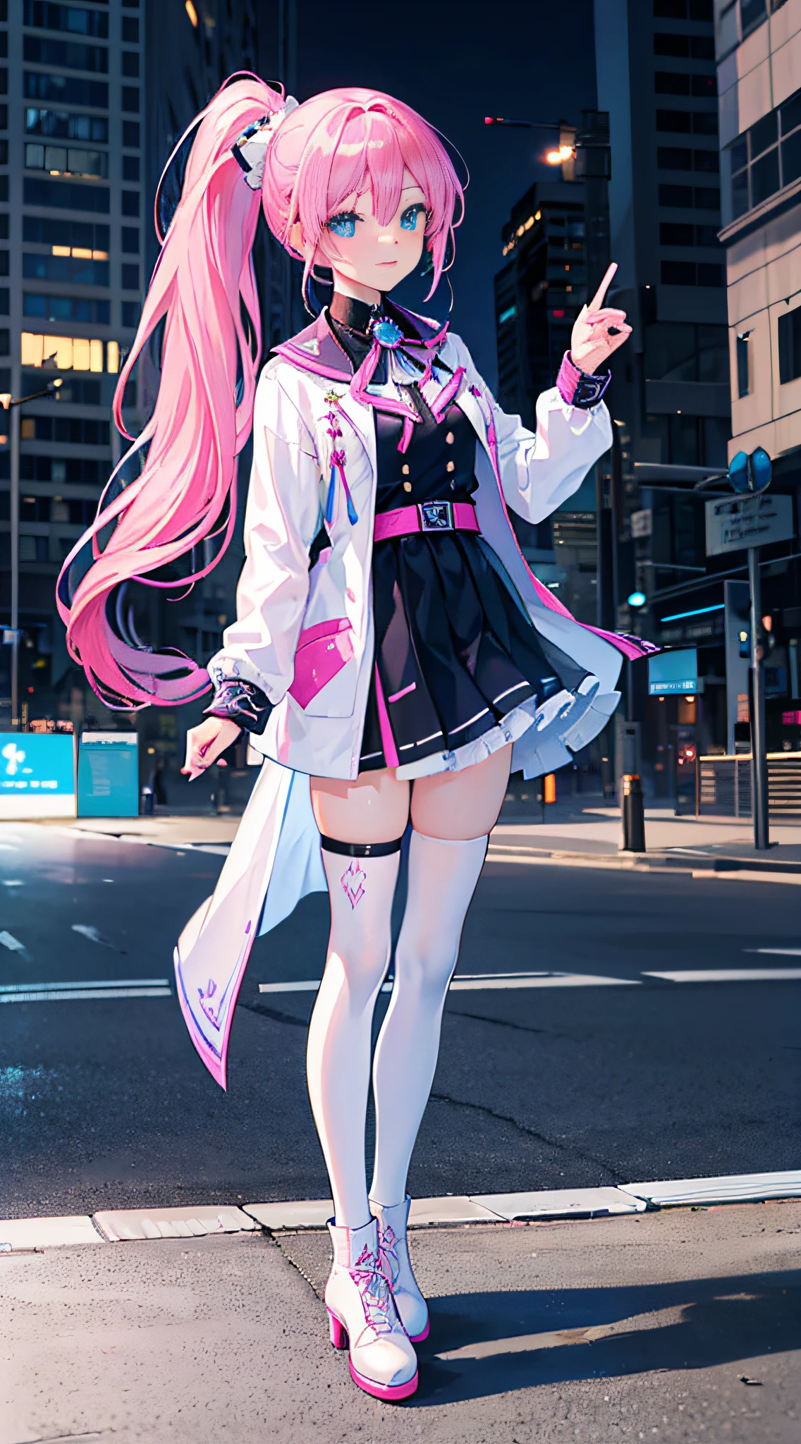 (Best quality,4K,high resolution, Masterpiece:1.2), Ultra-detailed, A girl with vibrant pink hair and blue eyes, With a lively ponytail, standing on a street curb, (Beautiful detailed eyes, Sparkling eyes filled with excitement:1.1), (Long double ponytail:1.1), Wearing a white suit, Short black cloak, Blue ankle boots, and white socks