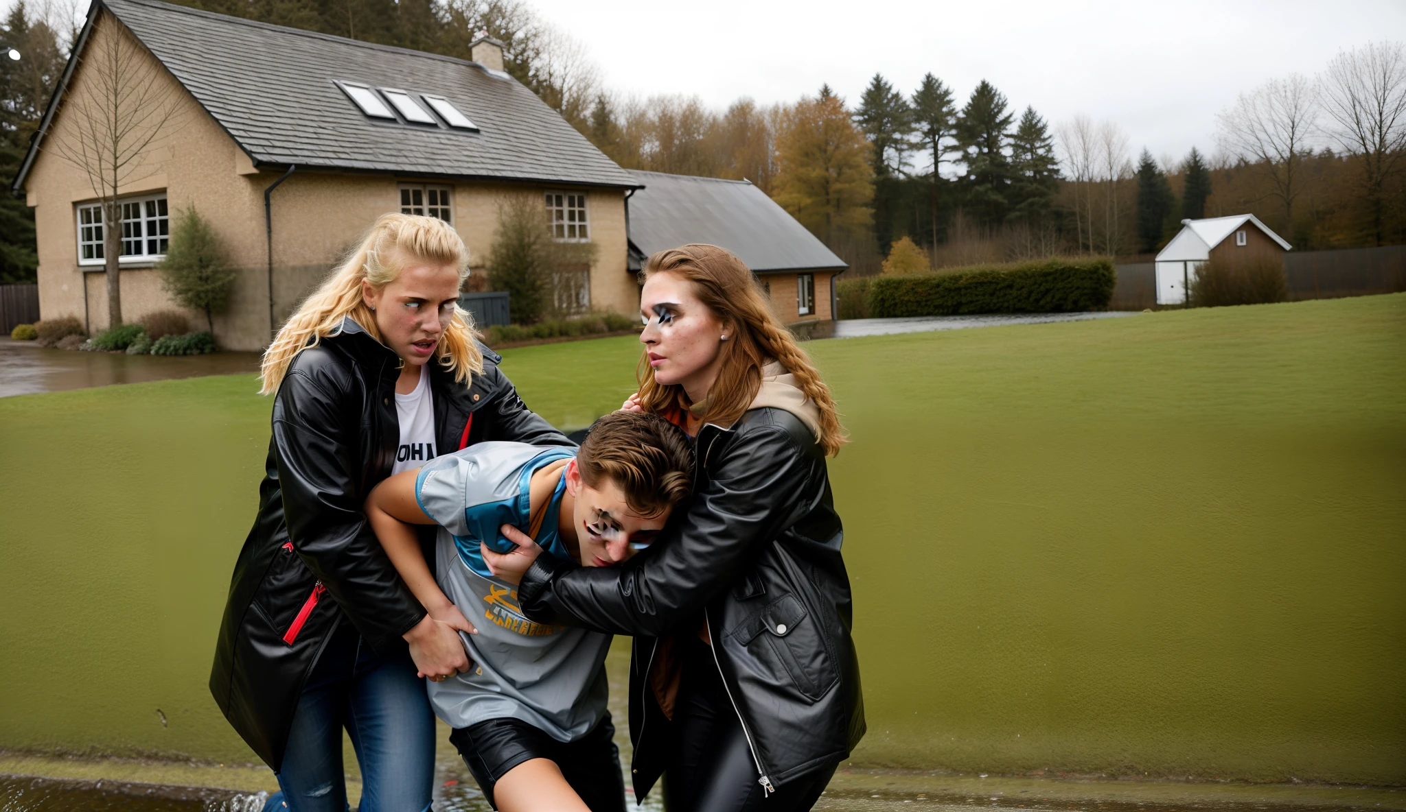 a blond woman in a shiny black coat, a redhaired woman in a shiny black coat, a sportsman in short and rough sportswear is collapsing into the girls' arms, a longhaired blond girl, a longhaired redhaired girl, a longhaired blond girl and a longhaired redhaired girl are holding together the fainting sportsman in their arms, a shorthaired sportsman in matte sportswear is collapsing with pain, he is fainting, two girls are holding him up, he is hanging in the girls' arms, girl in a laquered puffy coat, girl in a laquered downcoat, they are standing very close together, his arms are dangling, arm-in-arm, she is wearing shiny leather pants, she is grabbing his body, a shorthaired man in a matte tanktop and rough jeans, a shorthaired blond man in rough jeans, a girl in shiny leather pants, a shorthaired blond man in a matte tanktop, a girl with a very desperate facial expression, a girl in a high shine black down-coat, they are standing arm-in-arm, there is an attractive woman wearing a high-shine down-coat, a wetlook puffer-coat, a man is crying with sorrow, a woman is holding an injured shorthaired boy, there is a boy in rough jeans and a matte tanktop hugging a girl that is wearing a very shiny padded laquered coat, a shorthaired blond boy has a painful face and cannot walk, there is a girl giving support to an injured shorthaired boy, a wounded blond and shorthaired boy cannot walk and has to be supported by a girl, he is sinking into the girls' arms, a sad looking girl is carrying a wounded boy, masterpiece, jeans, boy in a matte cotton tanktop, super detailed background, detailed face, crying out, tears, desperation, pain, agony, accident pose, dramatic suffering pose, hands detailed hands, fingers:5, they are walking in the street together in the rain