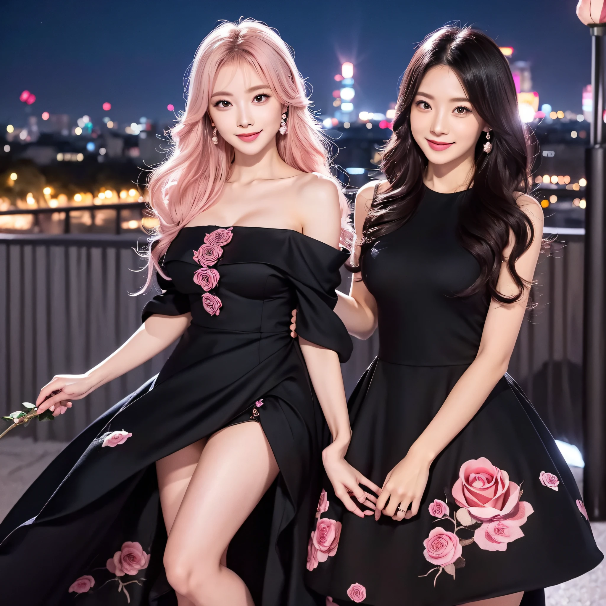 Cute One Girl, (Very small breasts:1.2), Longhaire, Gradient Hair Pearl Pink, the whole, japanes, Sauvage Hair, An ultra-high picture quality, ultra-quality,Raking hair with your fingers, Happy smile, Beautiful night view, (Black rose dress:1.3), Live-action adaptation, in 8K, Double eyelids, Big eyes