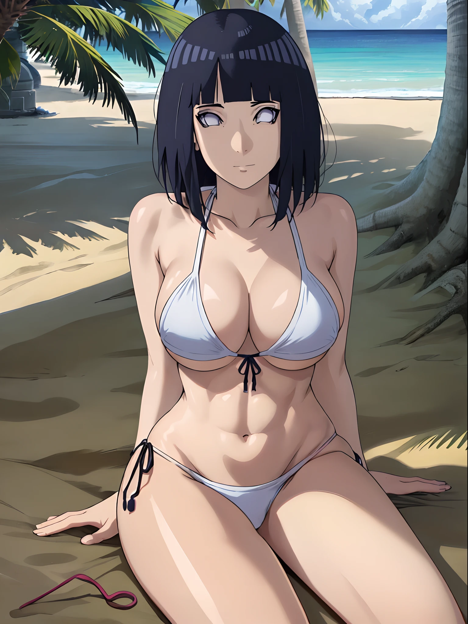 (WALLPAPER, (hinata\(boruto\), (((white string bikini))), masterpiece, 4k, vector coloring, whole body shot, (high color saturation), contrast lighting, mature female, (curvy:0.8), solo, anime style, sharp focus, professional artwork, intricate details, colorful, vibrant colors, vivid colors, digital blending, ultra detailed body, ultra detail hair, ultra detail face, trending on pixiv, very hot colors, (((beach background, outdoors))), detailed bold arm lines, high color saturation, bold lines, bold drawing lines),
((knocked out)), (head tilt), closed mouth),
((dark blue hair color:1.1), wavy hair, ((short hair, hime cut)),
(perfect eyes, white sciera, bright eyes, white eyes, anime eyes, smoky eyeliner, eyeshadow)
(white skin, (fair skin), slender body, milf, perfect face),
(legs, big breasts, off-shoulders, (detailed shoulders, detailed arm lines, little biceps lines)),
(bare shoulders, bare legs, (both hands on boobs),