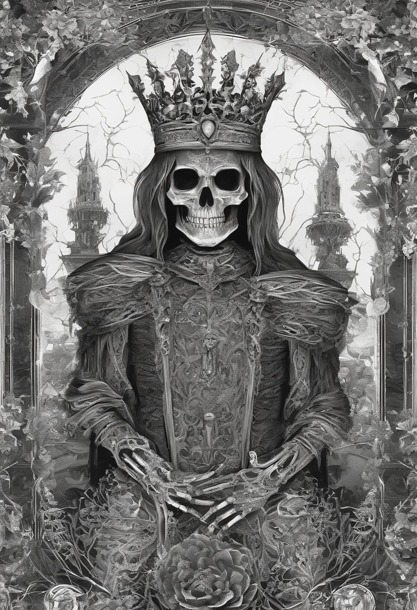 SerenityStyle, masterpiece, best quality, solo, 1boy, male focus, blood, crown, veil, facing viewer, skull, horror , <lora:SerenityStyle:0.7>