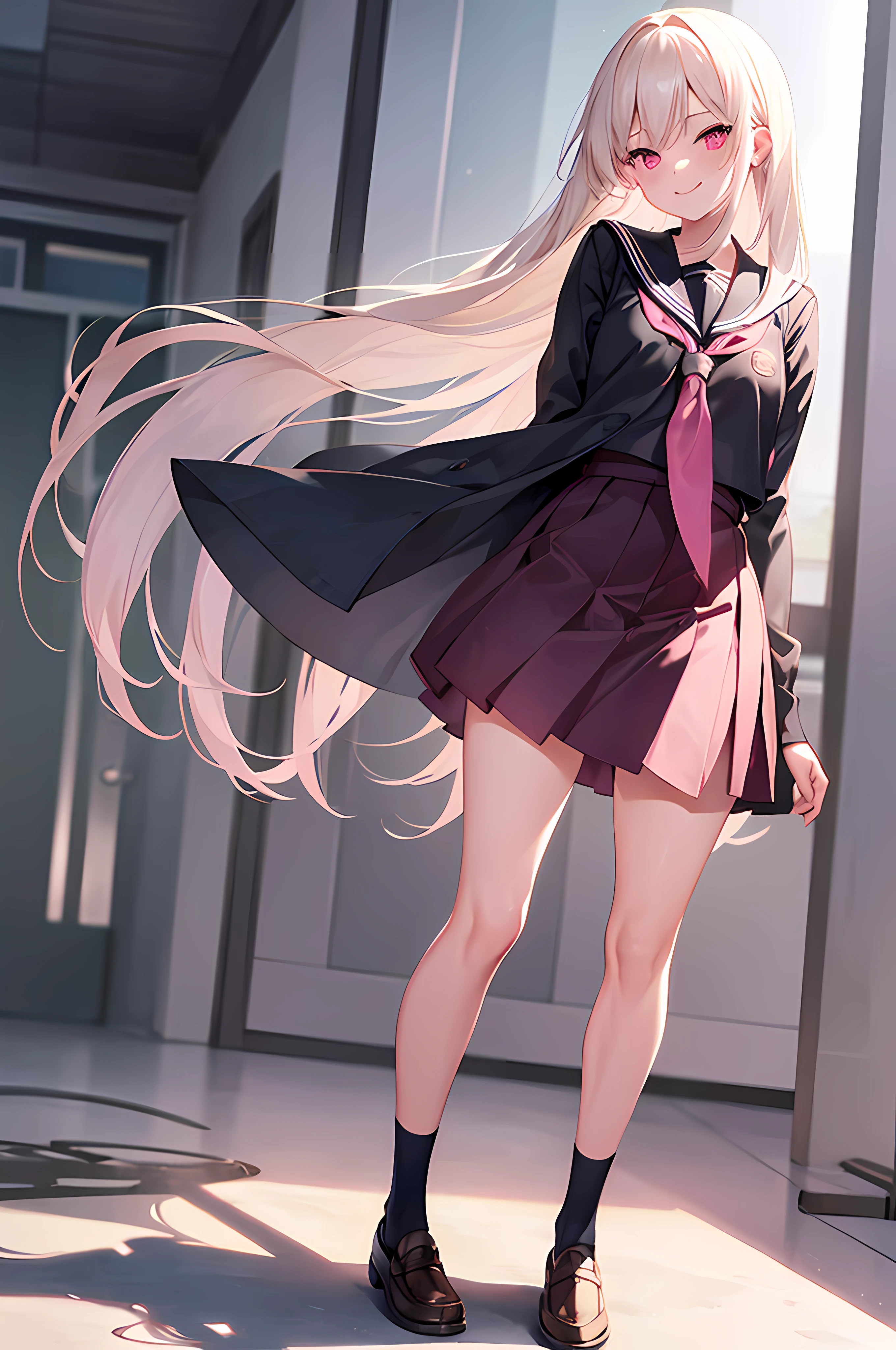 1girl. seifuku, female, miniskirt, platinum blonde hair, long hair, seductive smile, pink eyes, loafers, school, standing