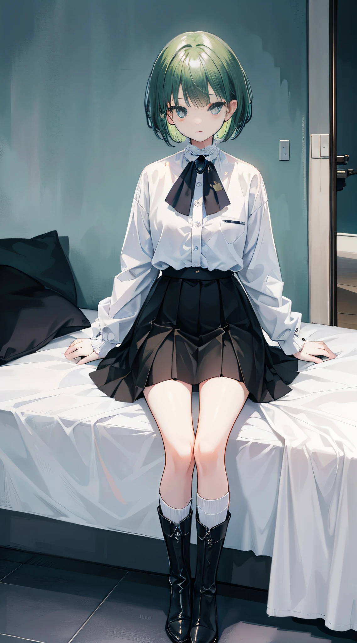 A girl with short hair, Black eyes, and messy light green hair. Her expression was gentle，A surprised expression appeared on his face. She is ite，Young appearance. She wore a white shirt and blue and white boots. The artwork is of the best quality, 4K or 8K resolution, Considered a masterpiece. The girl's facial features are rich in detail, And the scene is panorama, Capture the essence of the moment.