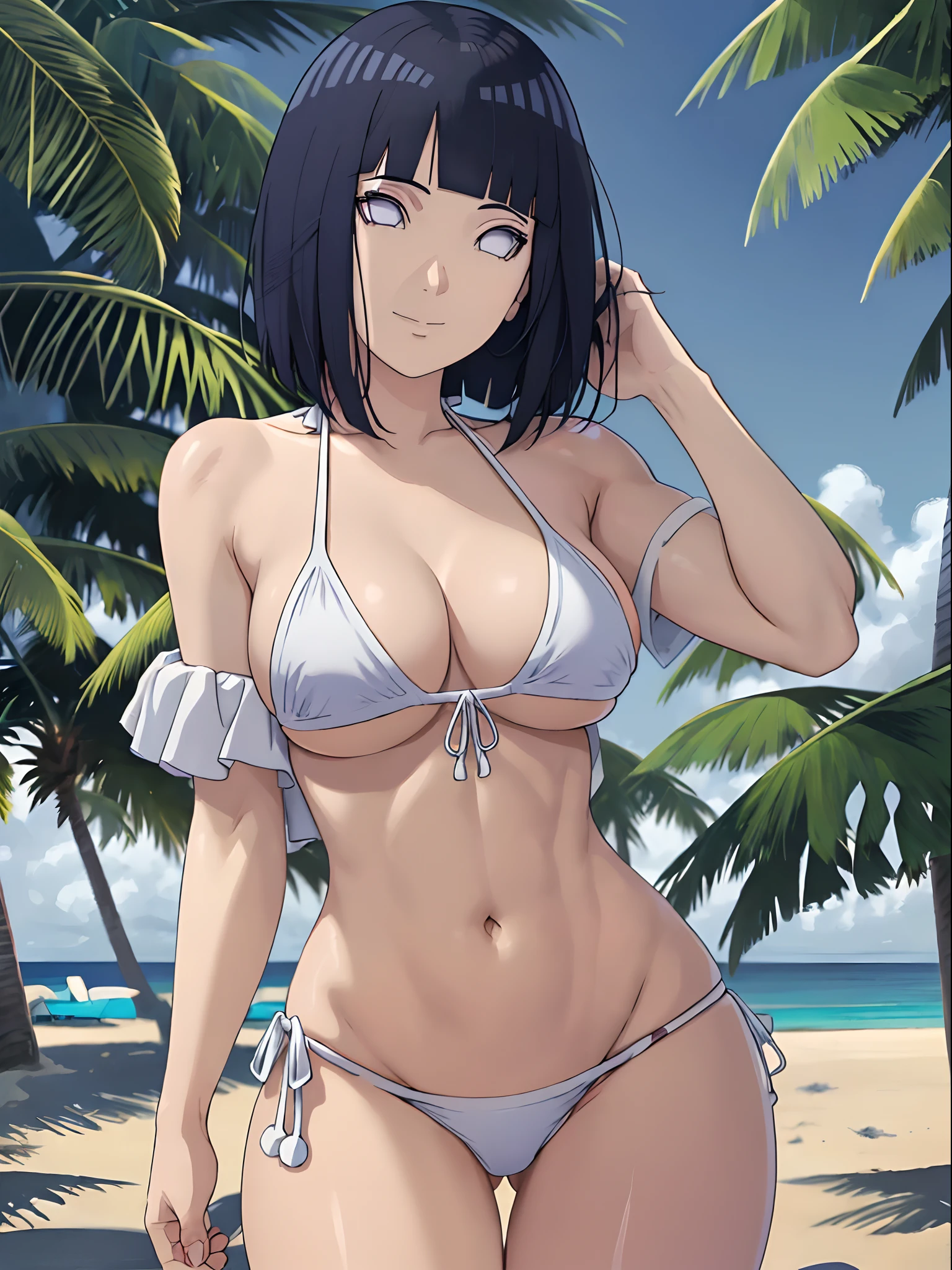 (WALLPAPER,  (hinata\(boruto\), (((white string bikini))), masterpiece, 4k, vector coloring, whole body shot, (high color saturation), contrast lighting, mature female, (curvy:0.8), solo, anime style, sharp focus, professional artwork, intricate details, colorful, vibrant colors, vivid colors, digital blending, ultra detailed body, ultra detail hair, ultra detail face, trending on pixiv, very hot colors, (((beach background, outdoors))), detailed bold arm lines, high color saturation, bold lines, bold drawing lines),
((Standing pose)), (head tilt), closed mouth, kind smile, gentle look),
((dark blue hair color:1.1), wavy hair, ((short hair, hime cut)),
(perfect eyes, white sciera, bright eyes, white eyes, anime eyes, smoky eyeliner, eyeshadow)
(white skin, (fair skin), slender body, milf, perfect face),
(legs, big breasts, off-shoulders, (detailed shoulders, detailed arm lines, little biceps lines)), 
(bare shoulders, bare legs, (both hands on boobs),