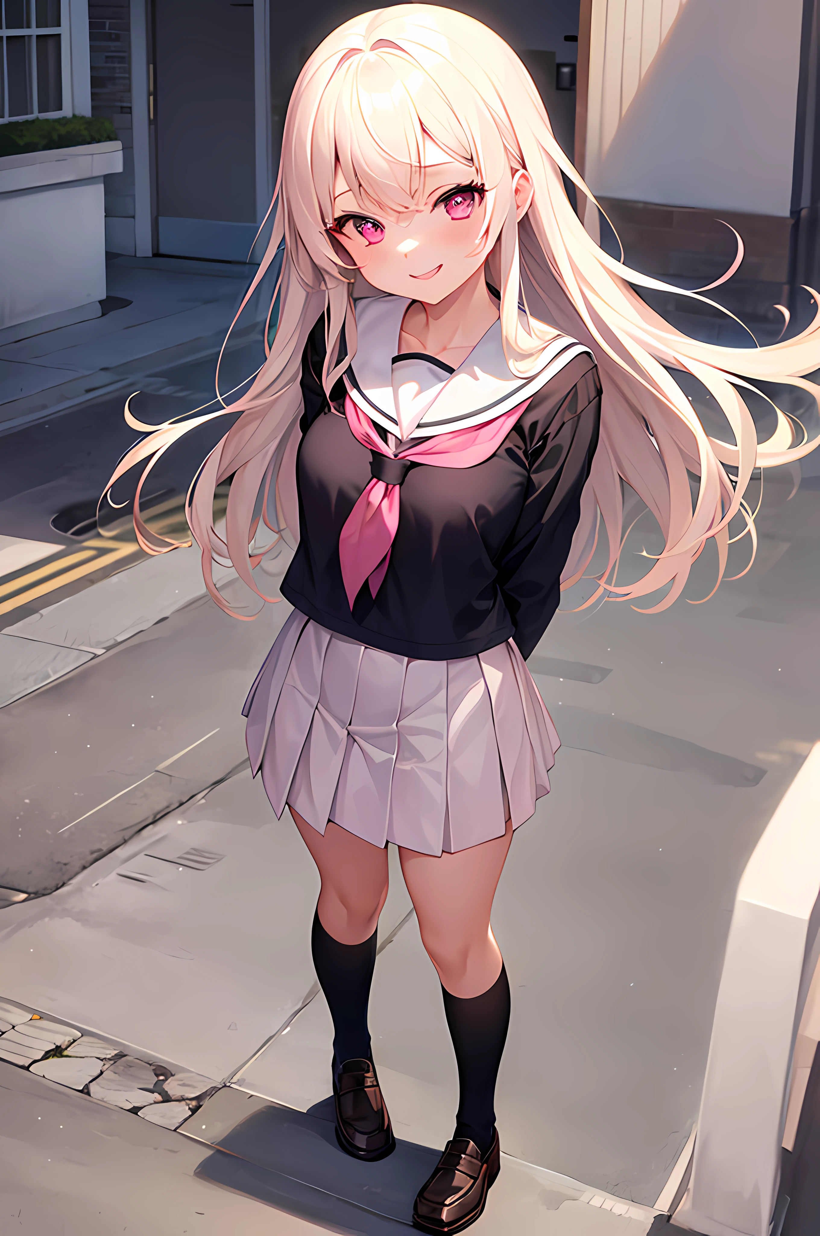 1girl. seifuku, female, miniskirt, platinum blonde hair, long hair, seductive smile, pink eyes, loafers, school, standing