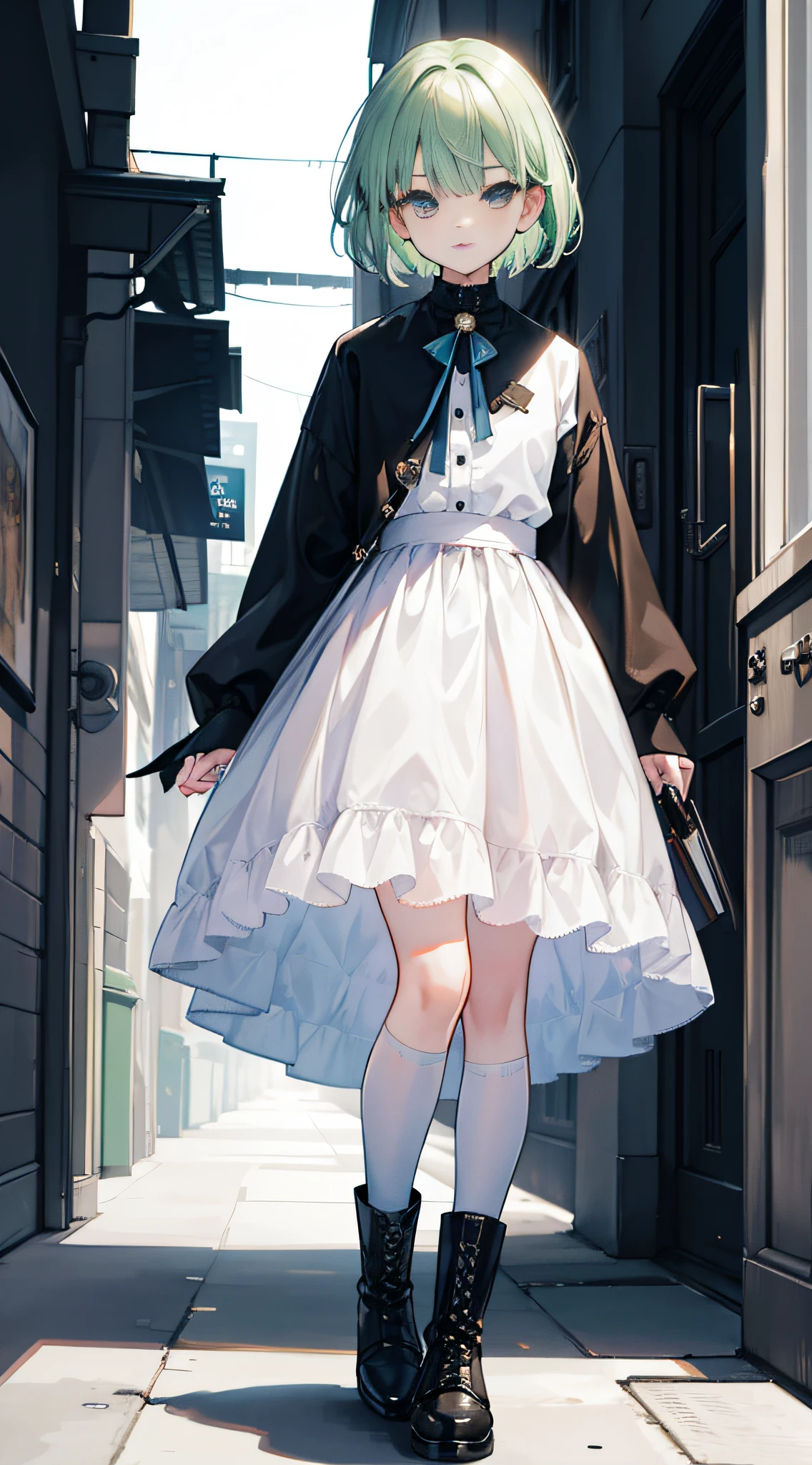 A girl with short hair, Black eyes, and messy light green hair. Her expression was gentle,A surprised expression appeared on his face. She is petite,Young appearance. She wore a white shirt and blue and white boots. The artwork is of the best quality, 4K or 8K resolution, Considered a masterpiece. The girl's facial features are rich in detail, And the scene is panorama, Capture the essence of the moment.