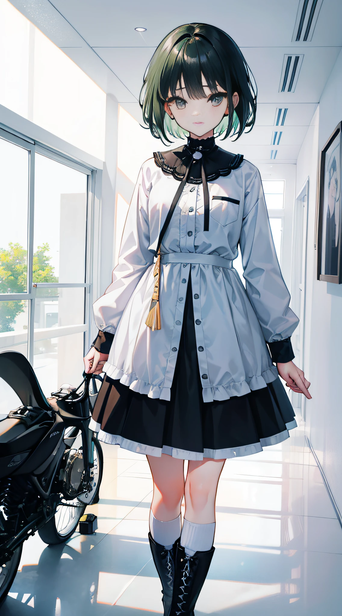 A girl with short hair, Black eyes, and messy green hair. Her expression was gentle,A surprised expression appeared on his face. She is ite,Young appearance. She wore a white shirt and blue and white boots. The artwork is of the best quality, 4K or 8K resolution, Considered a masterpiece. The girl's facial features are rich in detail, And the scene is panorama, Capture the essence of the moment.