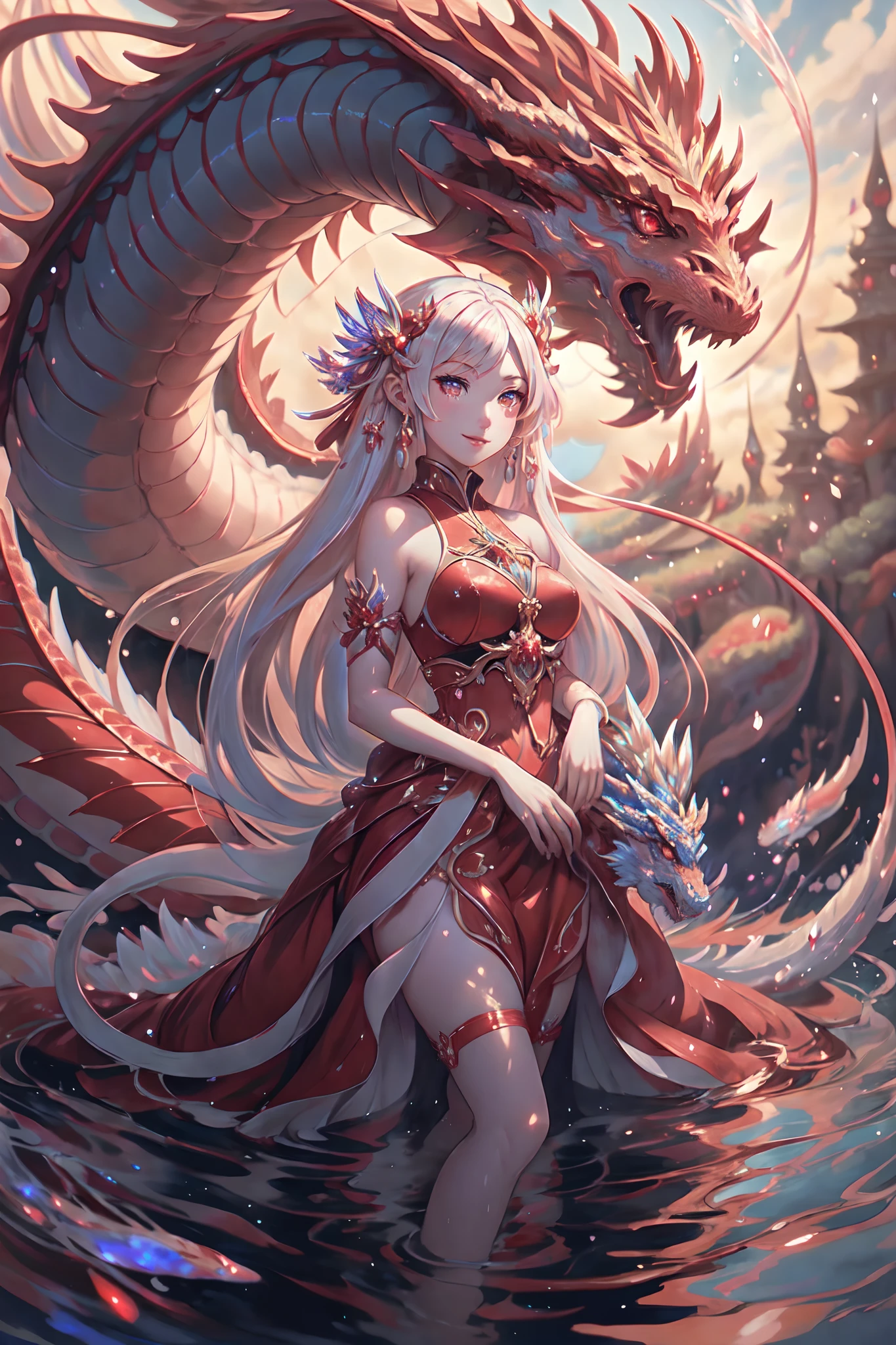 anthro, duo, male/female, white body, ((male red dragon)), on back, female penetrated, female on top, hi res, detailed background, black sclera, deep penetration, cum inside, big red penis in pussy, ((photorealism)), by pino daeni, by hioshiru, masterpiece, digital painting, vibrant, gloomy, dynamic light, blue sky,