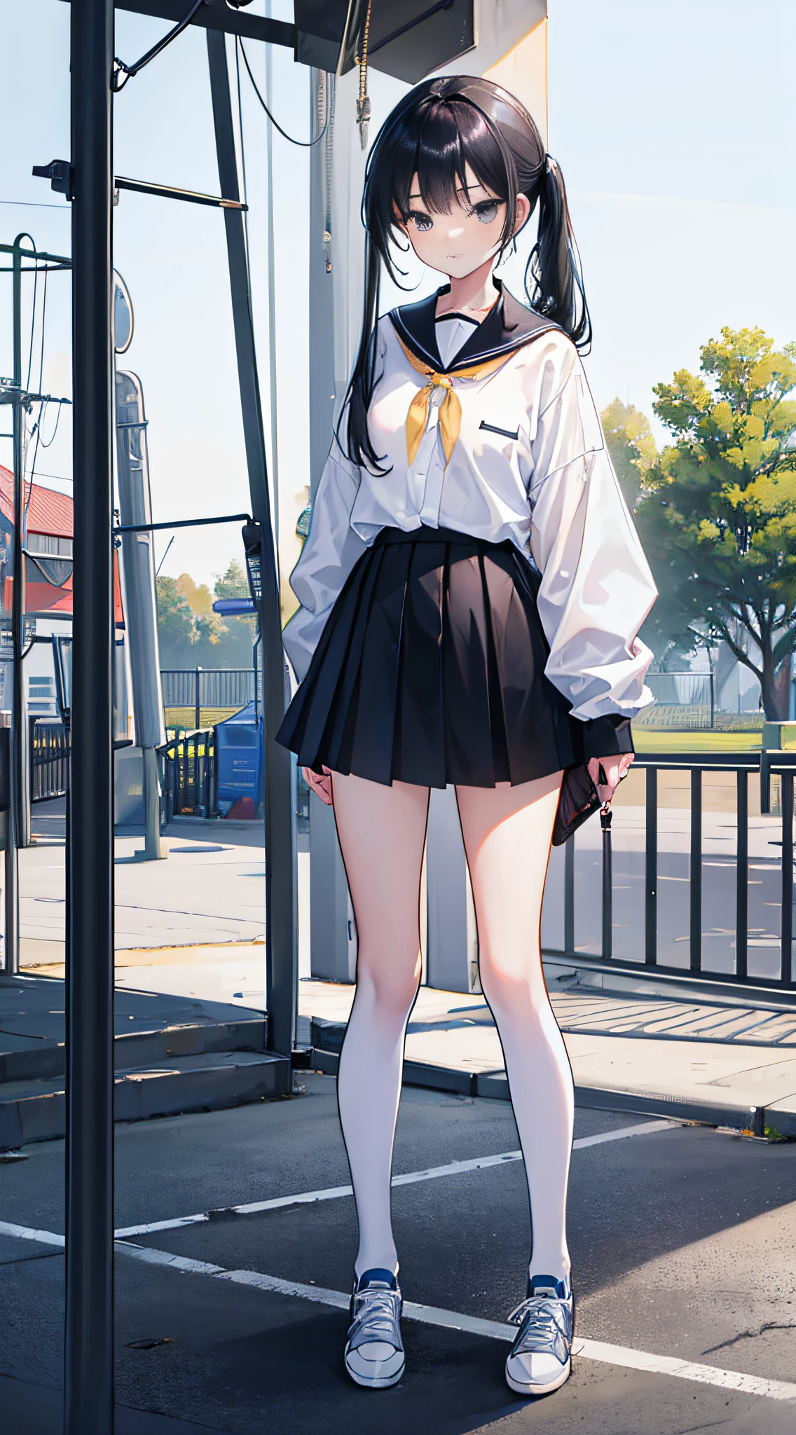 `(Best quality, 4K, Ultra-detailed, Photorealistic:1.2), A girl with long black hair and black eyes, her hair is in a pony tail,Stuck all the way to her back. She had a serious expression,Eyebrows slightly wrinkled, Wearing a white shirt, Blue school uniform, White stockings, and light yellow sneakers. She stood alone on the playground. The details of her face are meticulously depicted, The composition captures her full figure.`
