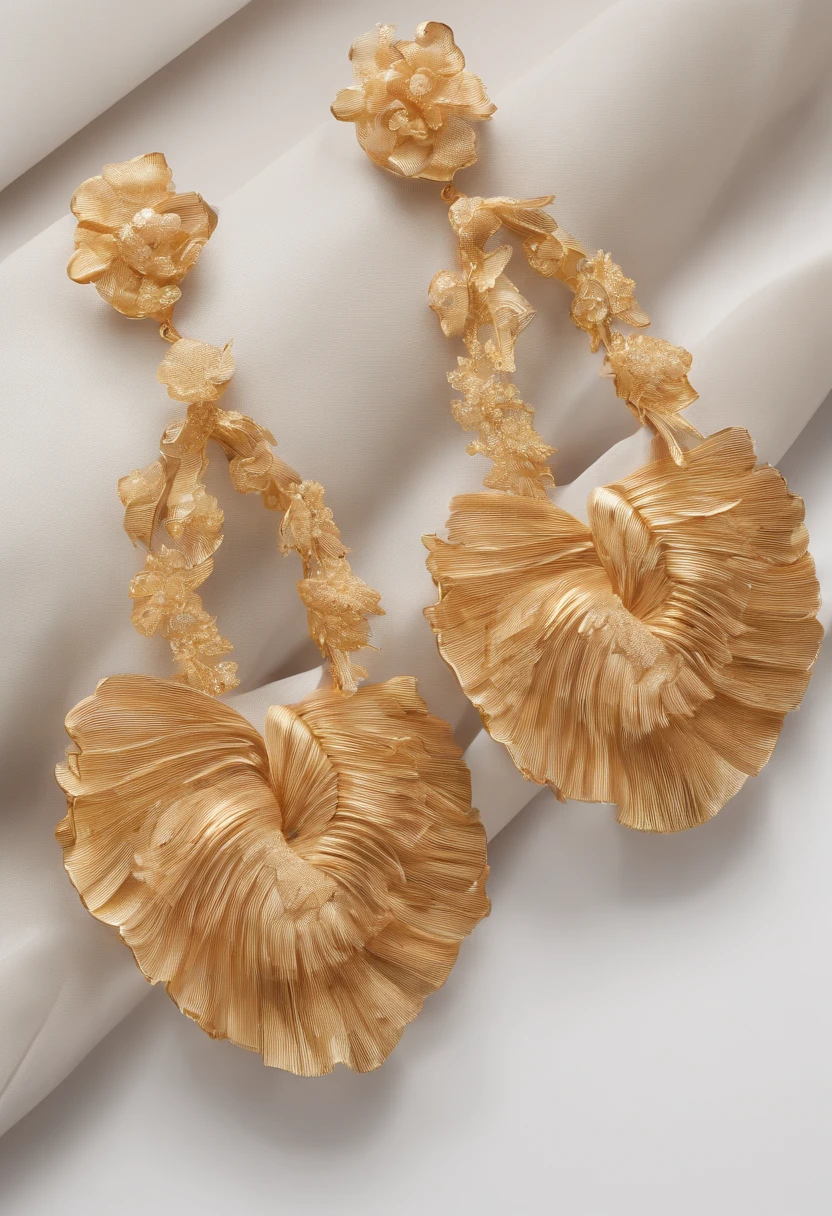 A pair of Chinese earrings on white background, In the style of trompe l'oeil pleats, Light brown and gold, radiation clusters, Dramatic gestures, reuthentic, tooth wu, to contrast