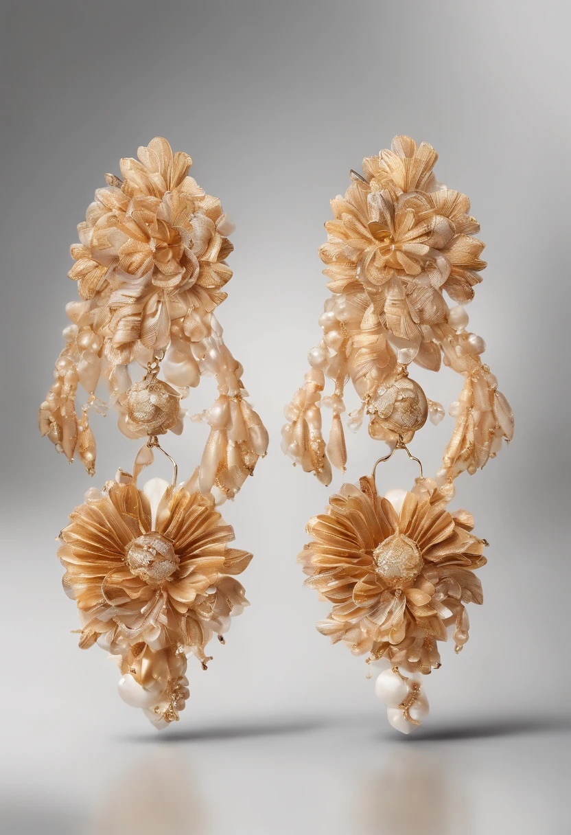 A pair of Chinese earrings on white background, In the style of trompe l'oeil pleats, Light brown and gold, radiation clusters, Dramatic gestures, reuthentic, tooth wu, to contrast