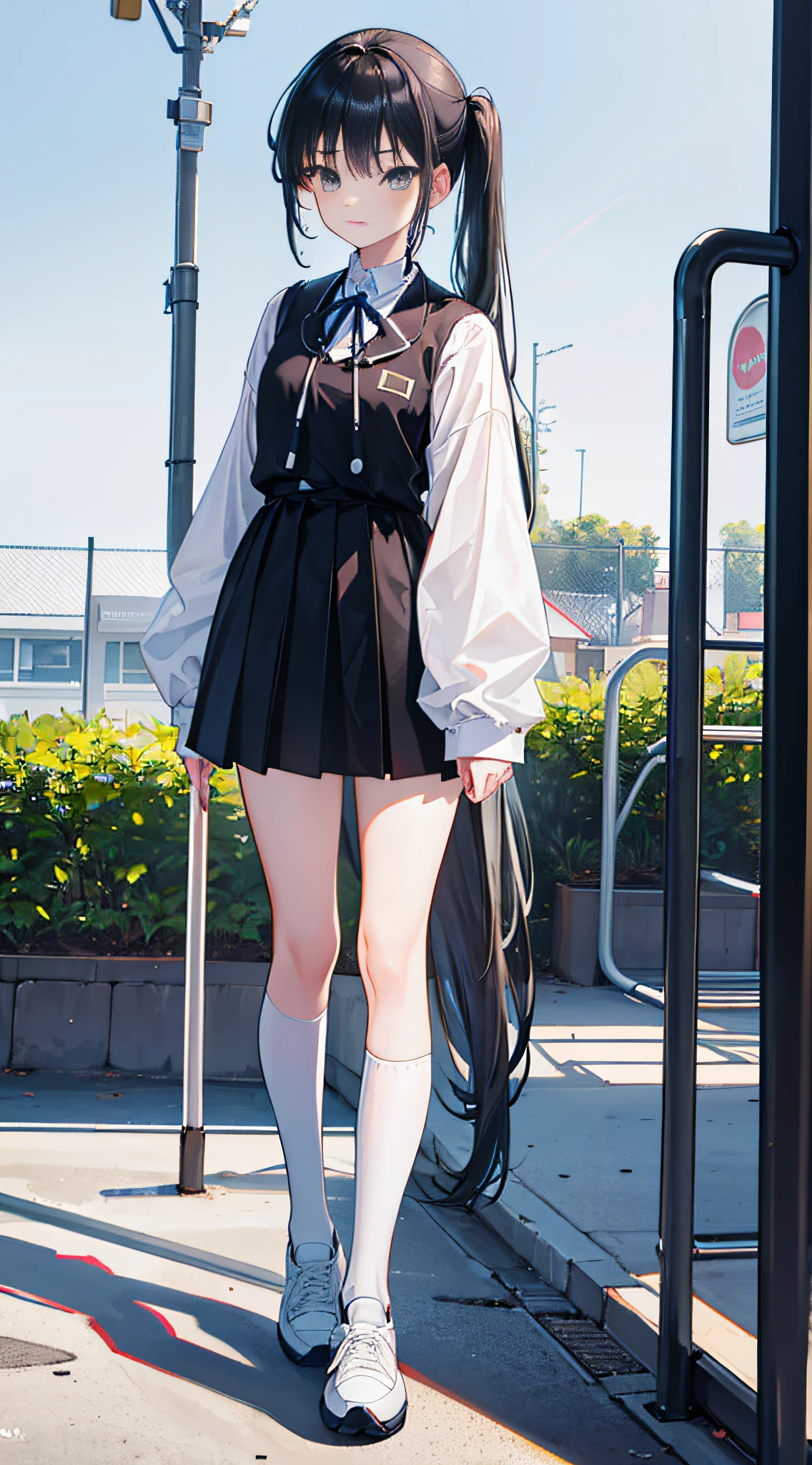 `(Best quality, 4K, Ultra-detailed, Photorealistic:1.2), A girl with long black hair and black eyes, her hair is in a pony tail,Stuck all the way to her back. She had a serious expression,Eyebrows slightly wrinkled, Wearing a white shirt, Blue school uniform, White stockings, and light yellow sneakers. She stood alone on the playground. The details of her face are meticulously depicted, The composition captures her full figure.`
