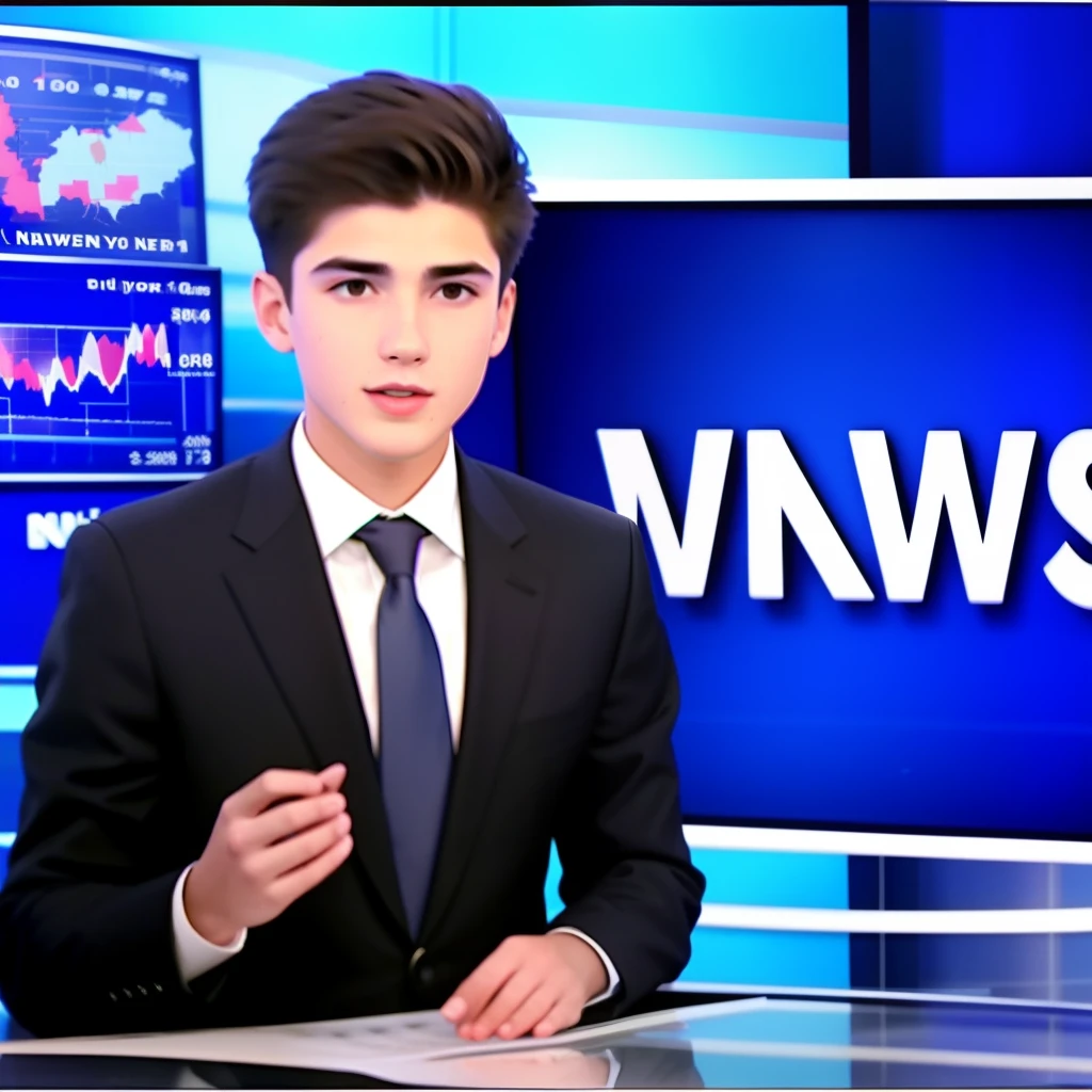 A 20 year old boy news reporter saying news in a news channel just keeping his hand straight