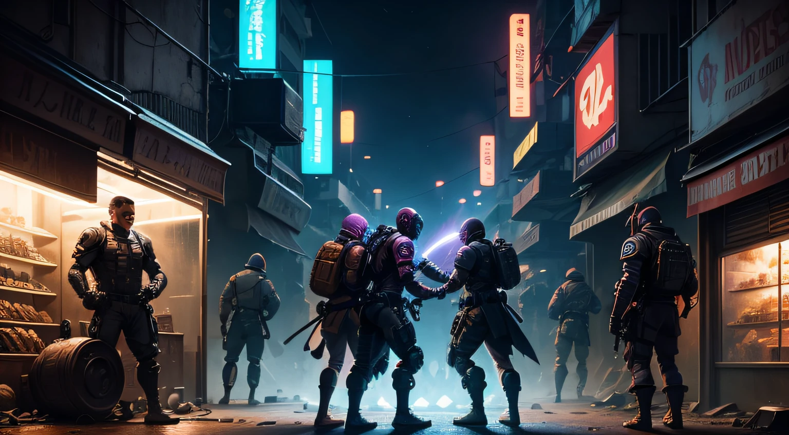 people fight in a war in the meddle of the cyberpunk city at night
