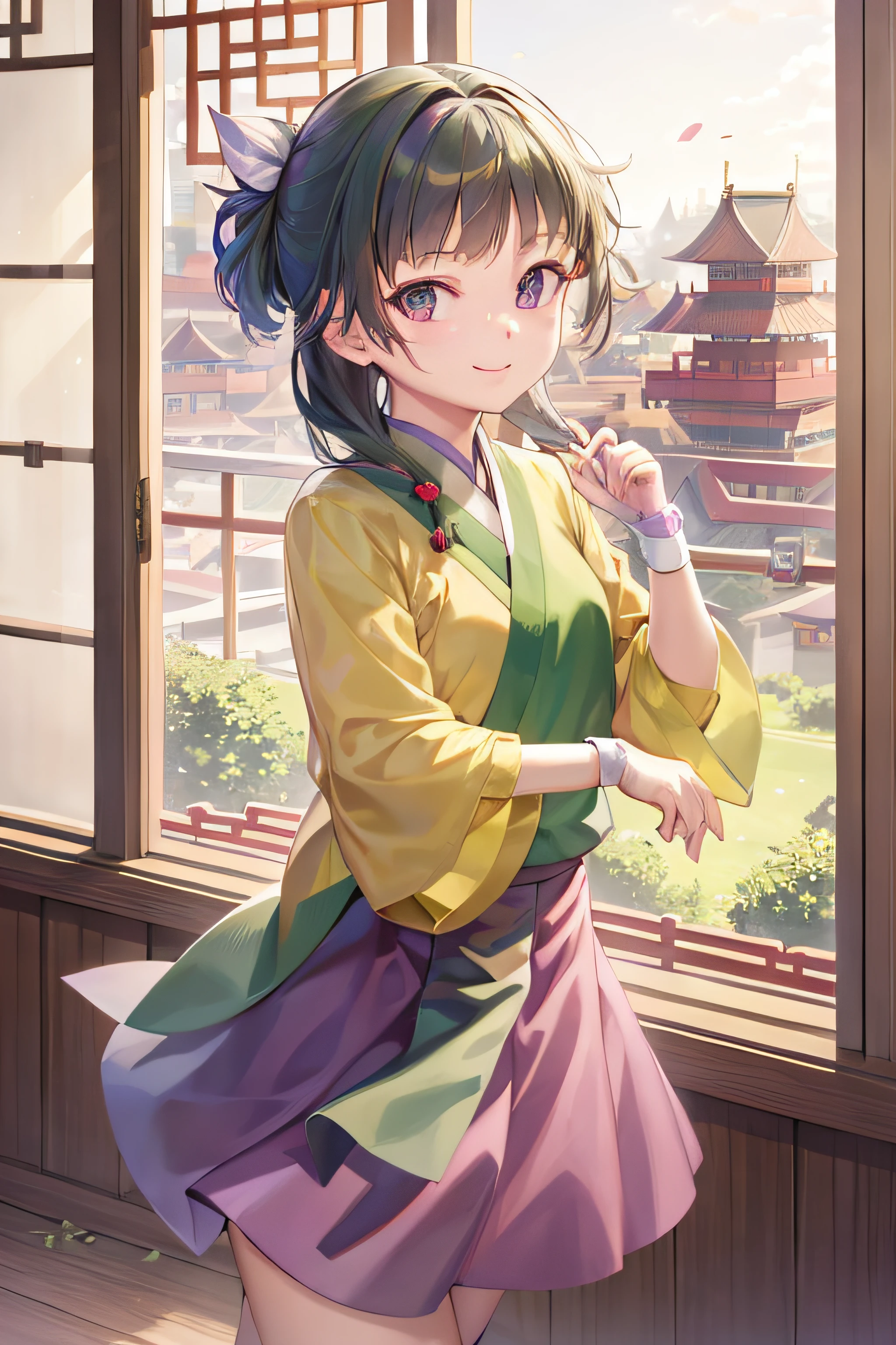 masterpiece, best quality,outdoors,Wood windows,Chinese architecture,1girl, short girl,bandage,, smile,,purple skirt
