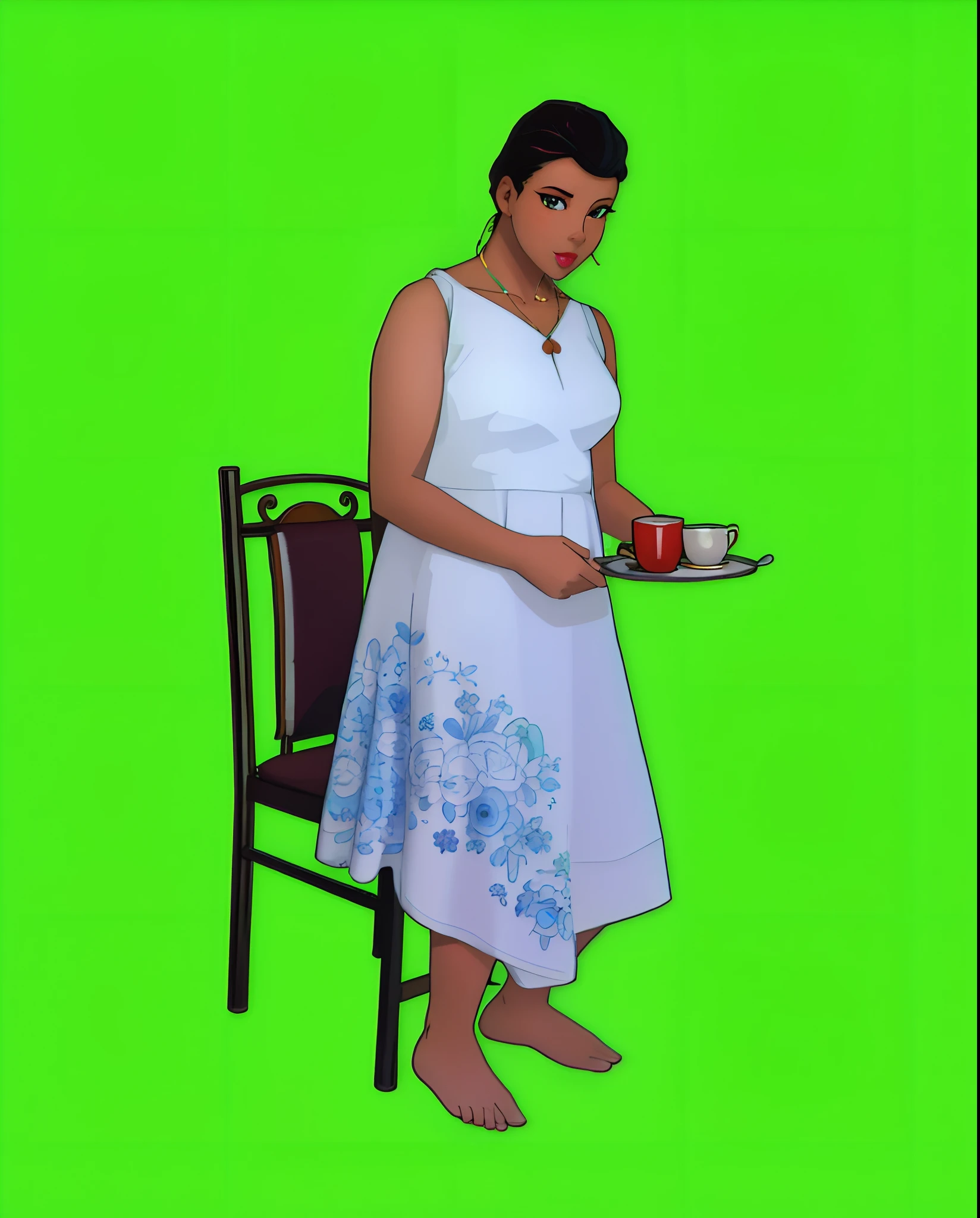 turn this photo to cartoon style, black woman with a tea tray in hand
