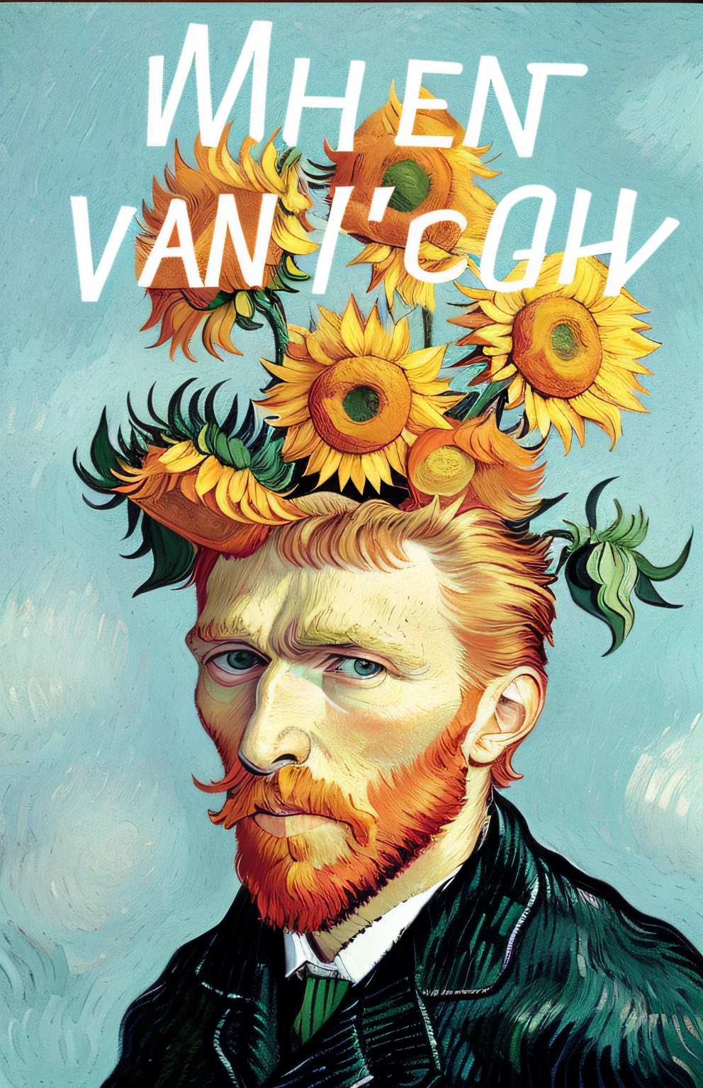 Van Gogh had a beard,A close-up of Van Gogh wearing a sunflower on his head, Vincent van Gogh!!!, Vincent Van Gogh style, Van Gogh style, van gogh art style, author:highr, in the style of van gogh, in the style of van gogh, Inspired by Van Gogh, Inspirado por Vincent van Gogh, author:Van Gogh, style of vincent van gogh