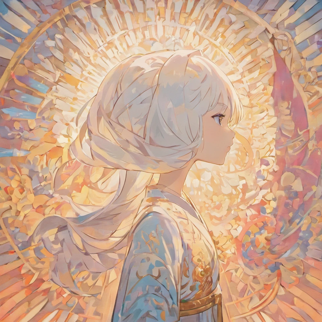(White background:1.4),(Silhouette of a girl's head, Eyes closed, Colorful long hair, Oriental elements),(Chinese Illustration:1.3,paper art:1.3, Quilted Paper Art:1.2),( Reasonable design, Clear lines, High Sharpness,Best Quality, Very detailed, masutepiece, Movie Light Effects, 4K )shuicolor、Light blue throughout