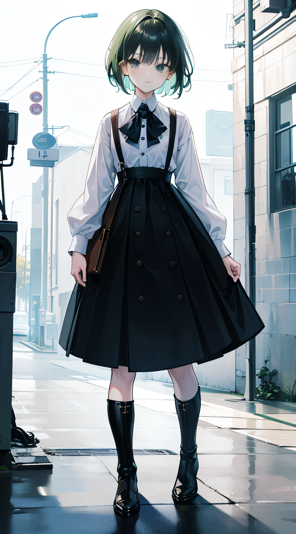 A girl with short hair, Black eyes, and messy green hair. Her expression was gentle，A surprised expression appeared on his face. She is petite，Young appearance. She wore a white shirt and blue and white boots. The artwork is of the best quality, 4K or 8K resolution, Considered a masterpiece. The girl's facial features are rich in detail, And the scene is panorama, Capture the essence of the moment.