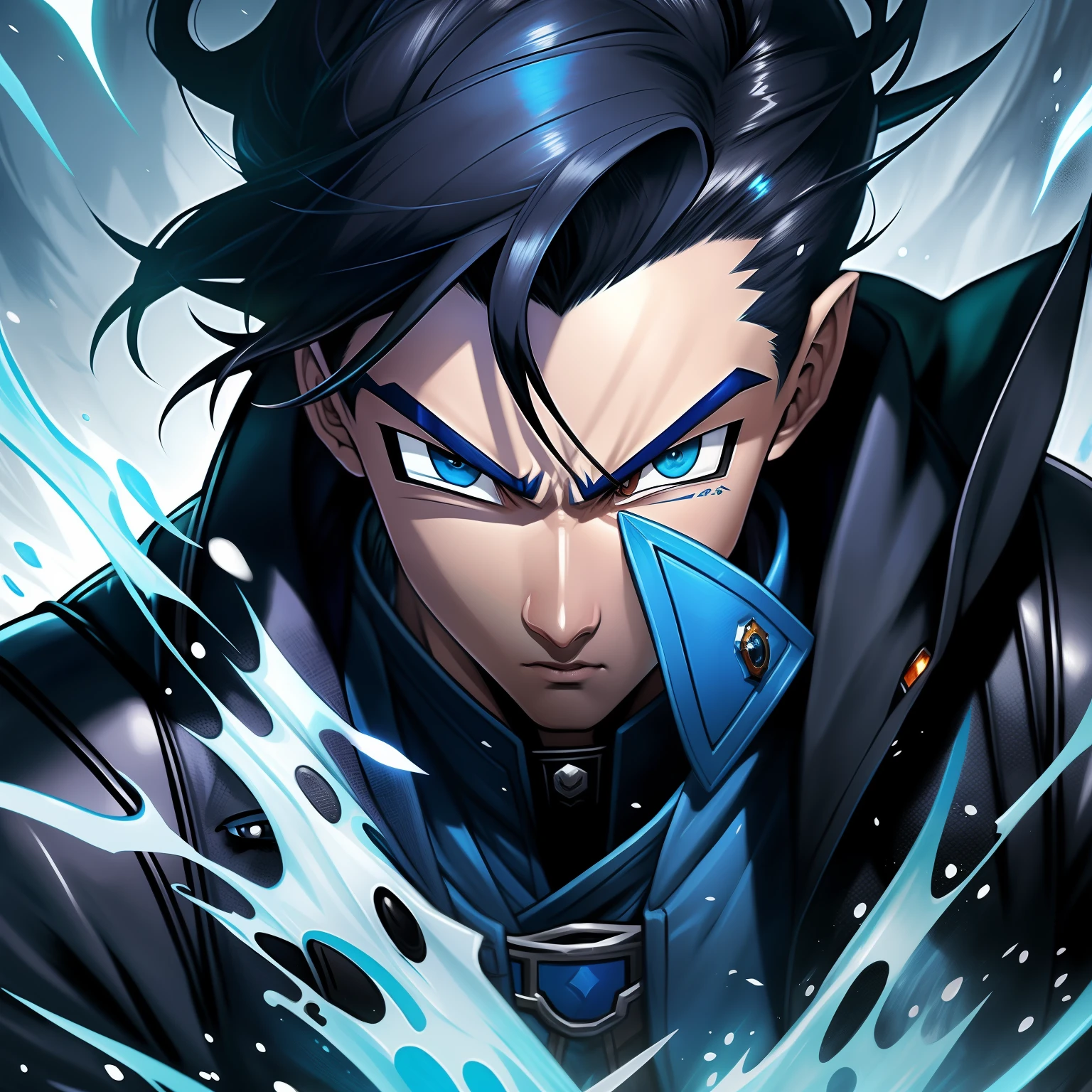 um close up de uma pessoa em uma jaqueta preta com uma jaqueta azul, cara bonito na arte dragon ball, Baki, caleb from critical role, kaladin stormblessed, Jayce Arcano, gama murata e artgerm, Artgrem, Hero 2d Fanart Artsation, arte de splash do personagem, Ross Tran e Bayard Wu, casimiro arte. Fundo branco