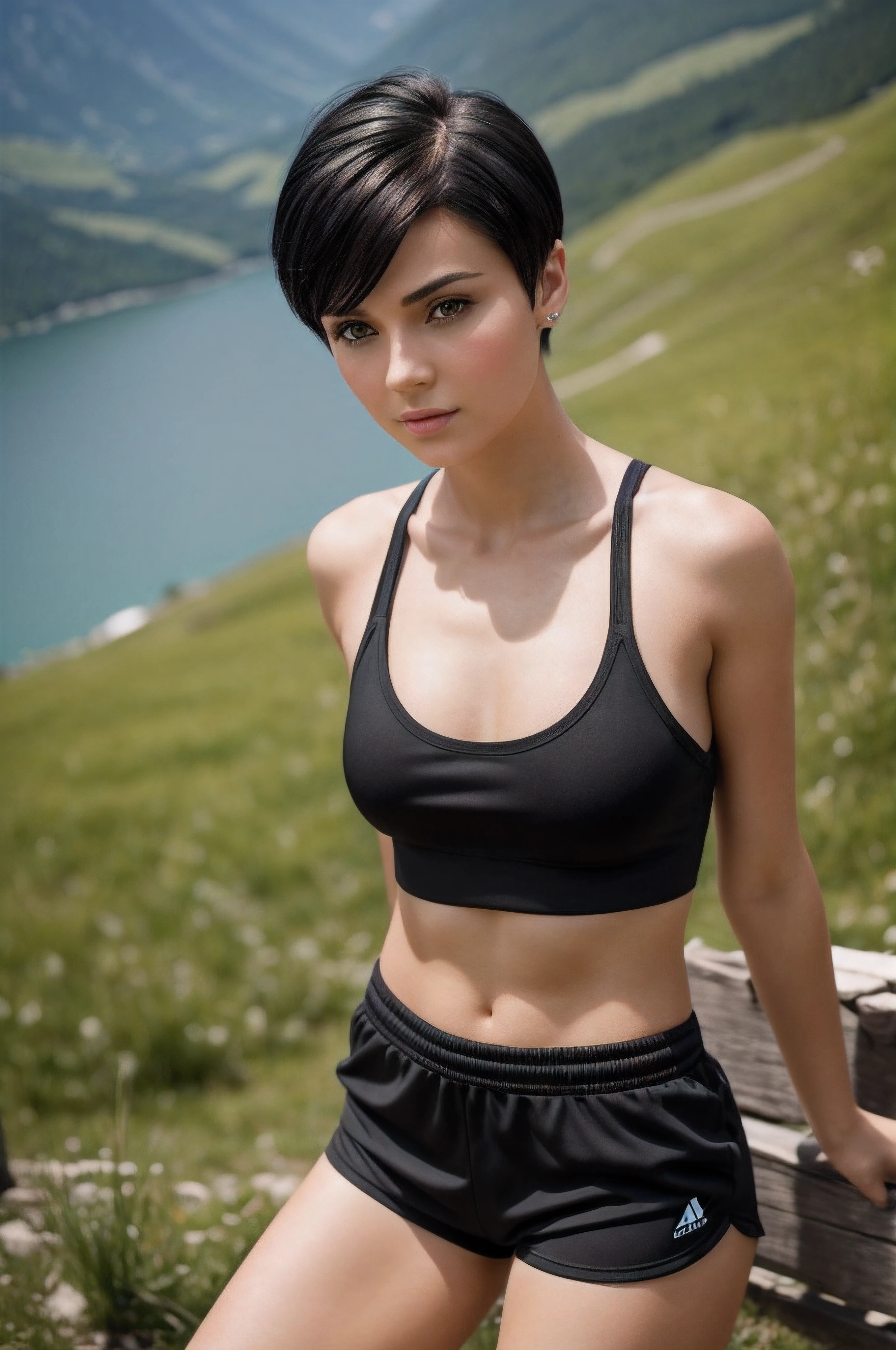 very high resolution, (fidelity: 1.4), photo, 1 girl, day, best quality, 8k, masterpiece: 1.3, ultra realistic, woman posing for a photo, looking straight into the camera, athletic, sculpted figure, visible muscle outlines, summer, stands on top of a mountain a small mountain, visible peaks other mountains, like Anastasia Ovchinnikova, black short hair, short black hair with a fairy-tale cut, with short hair, like Olga Buzova, short black hair, like Alina Ivanchenko, short dark hairstyle, fairy-tale hairstyle, fairy-tale hairstyle, like Yulia Gorokhova, skin with accurate texture, tilted towards the camera, ultra-realistic, short black fairy-tale hair, outdoors, best quality, ultra-high resolution, raw photo, bright diffused light, short sports shorts, short sports T-shirt
