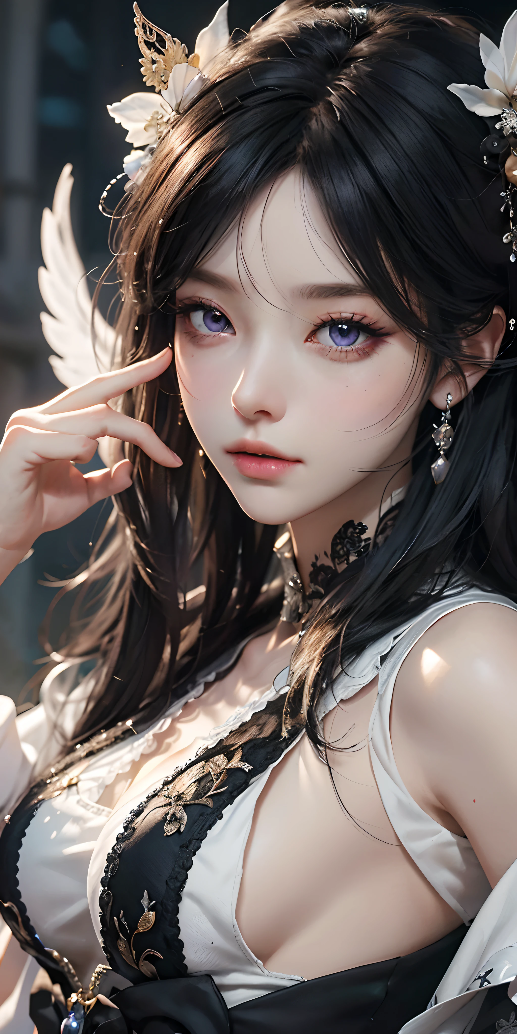 (Daisaku),(Need),(Super meticulous),1girll(Black color hair)(White wings)(Purple dress)animemanga girl, hyper detail eyes,((putting makeup on)),(best illuminate,Extremely refined and beautiful)Guviz, beautiful fantasy anime, Guviz-style artwork, Detailed digital anime art, gothic maiden anime girl, 8K high quality detailed art, guweiz masterpiece, Beautiful anime girl(beautiful detailed face),(美丽细致的眼睛)