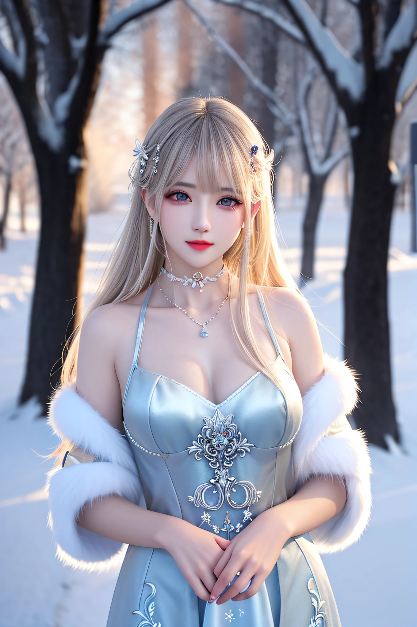 best qualityer,8K, tmasterpiece, A high resolution, 1girll, Clear silk porcelain dress, Fur coat, hair adornments, ssmile, Keep one's mouth shut, cparted lips,Large breasts,Shoulder, shift dresses, hair adornments, choker necklace, jewely, Chinese outfit, long whitr hair, 耳Nipple Ring, Detailed beautiful eyes, detailed eyelashes, beautiful face,after sexing_Body, Tyndall effect,realisticlying, edge lit, twotonelighting,(highdetailskin:1.2), 8K, Ultra HD, digital SLR camera, gentle illumination, high high quality, Volumetriclighting, Frankness, photore, A high resolution, Bokeh, at a forest, Falling snow, Winters, in the afternoon