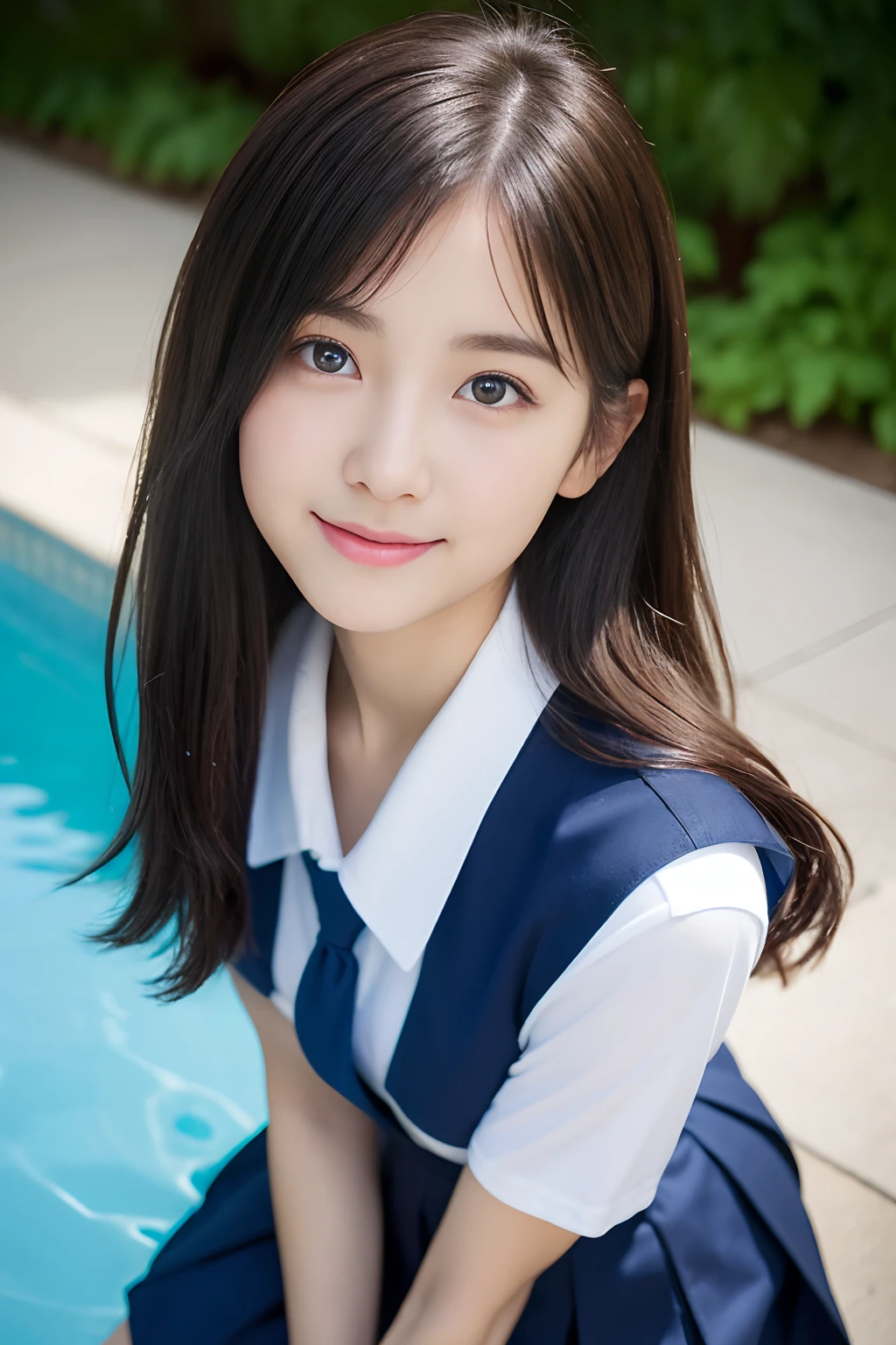 (((32k,high detal,high-detail、masterpiece,Attention to detail,full bodyesbian,Lori,独奏))),Raw photo & realistic atmosphere,beautiful dark blue eyes,Detailed mouth,Glossy lips,Detailed eyebrows,Eyes drawn in detail with soft white skin that shines in every detail、Very beautiful eyes with azure eyes,Detailed lips、Very beautiful face,Very well-formed face、Lifelike face,shiny beautiful lips,Beautiful eyebrows,Infinite reality,Japan girls in best design Japan schoolgirl uniform, Realistic Young Gravure Idol, Surreal Very Cute High School Girl, , japanese girl school uniform, Japan School Girls' Uniforms, Young Sensual Gravure Idol, Young Gravure Idol, Beautiful and cute17-year-old high school girl,the whole body is wet,dripped out,with a flushed face,Tremendously beautiful17-year-old girl,natural soft light、the body is dripping wet,Sheer clothing,short-cut,Brown shiny hair,Hair is wet,Dripping water,dripping,a miniskirt(,bare-legged,,White short-sleeved shirt gets wet and see-through,summer clothing,Beautiful kind eyes,Looking at the camera:1.5),(((youthfulness,swimming pools,Beautiful smooth legs,Exposed thighs,Raise your skirt to the last minute,Shot in the center of the thigh,Gentle smile,well-shaped breasts,,Immature body)))