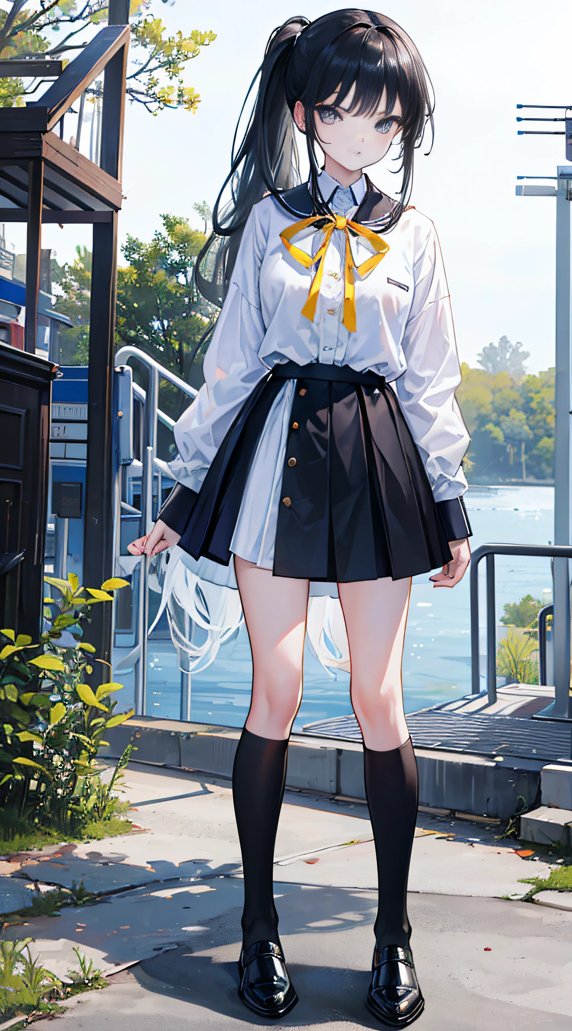 (best quality,4K,ultra-detailed,photorealistic:1.2),a girl with long black hair and black eyes, her hair reaching down her back, tied in a ponytail. She has a serious expression, her eyebrows slightly furrowed, wearing a white blouse, a blue school uniform, white stockings, and light yellow ankle boots, standing alone on the playground. Detailed face, intricate eyes, full-body shot