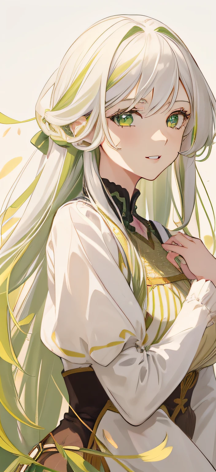 1girl, pink there,green grass,Viola,golden colors, length hair, white backgrounid, Look at viewers, simple background, white hair, green colored eyes, O cabelo multicolorido, portraitures, bangss, Mouth closed, cparted lips, The upper part of the body, partedbangs, Green hair,a smile