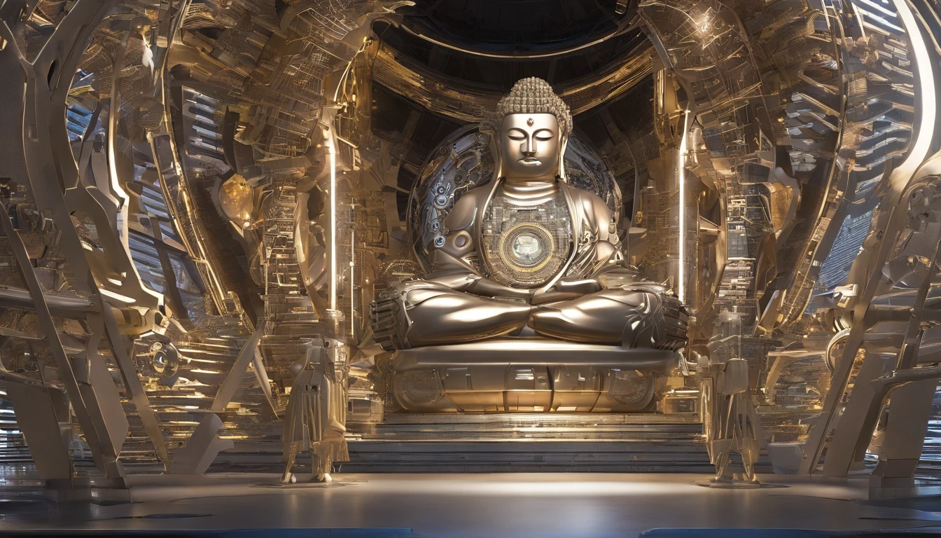 Super giant mechanical Buddha statue，Adoring crowds，In steampunk style，super-fine，8K，Works of masters，Meticulous mechanical depiction，OC renderer，