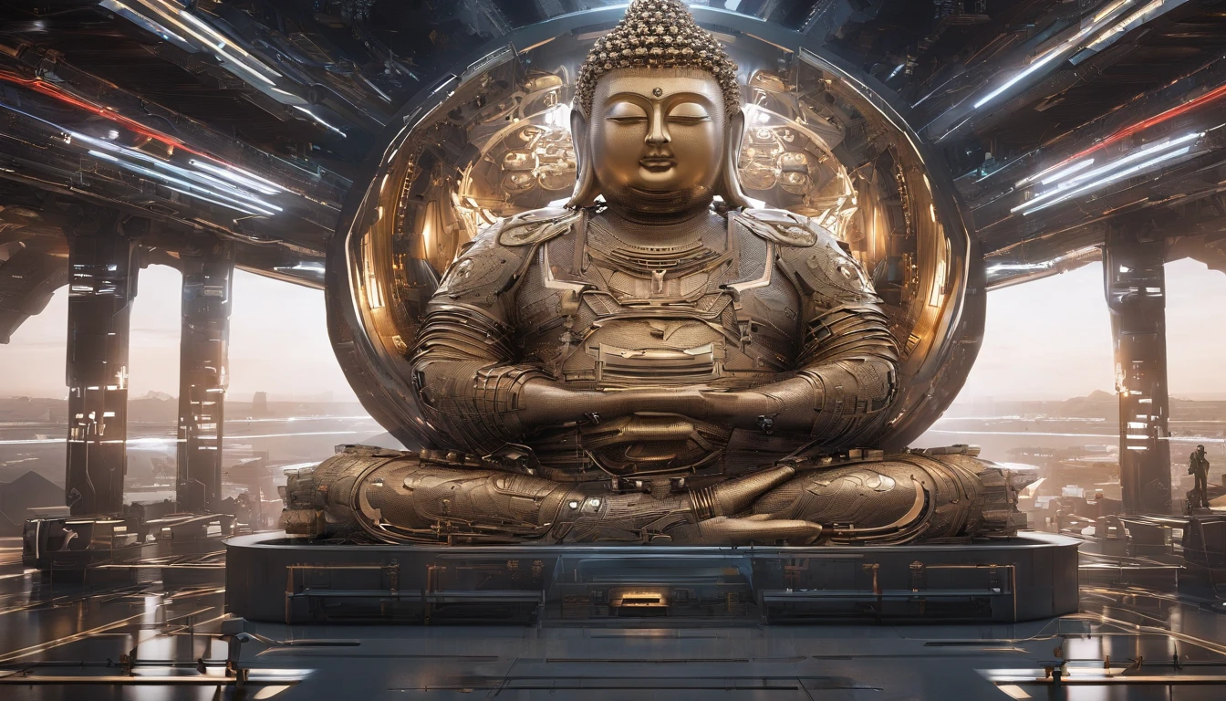 Super giant mechanical Buddha statue,Adoring crowds,In steampunk style,super-fine,8K,Works of masters,Meticulous mechanical depiction,OC renderer,