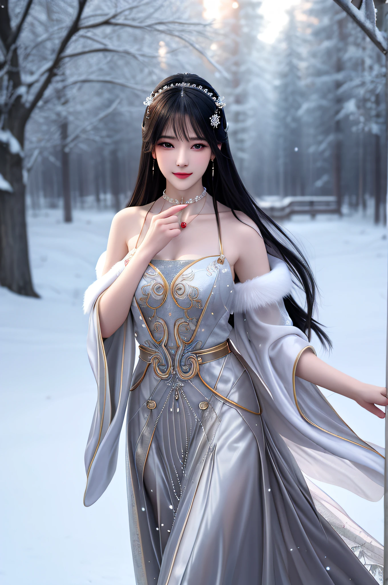 best qualityer,8K, tmasterpiece, A high resolution, 1girll, Clear silk porcelain dress, Fur coat, hair adornments, ssmile, Keep one's mouth shut, cparted lips,Large breasts,Shoulder, shift dresses, hair adornments, choker necklace, jewely, Chinese outfit, long whitr hair, 耳Nipple Ring, Detailed beautiful eyes, detailed eyelashes, beautiful face,after sexing_Body,Slender and long legs, Tyndall effect,realisticlying, edge lit, twotonelighting,(highdetailskin:1.2), 8K, Ultra HD, digital SLR camera, gentle illumination, high high quality, Volumetriclighting, Frankness, photore, A high resolution, Bokeh, at a forest, Falling snow, Winters, in the afternoon