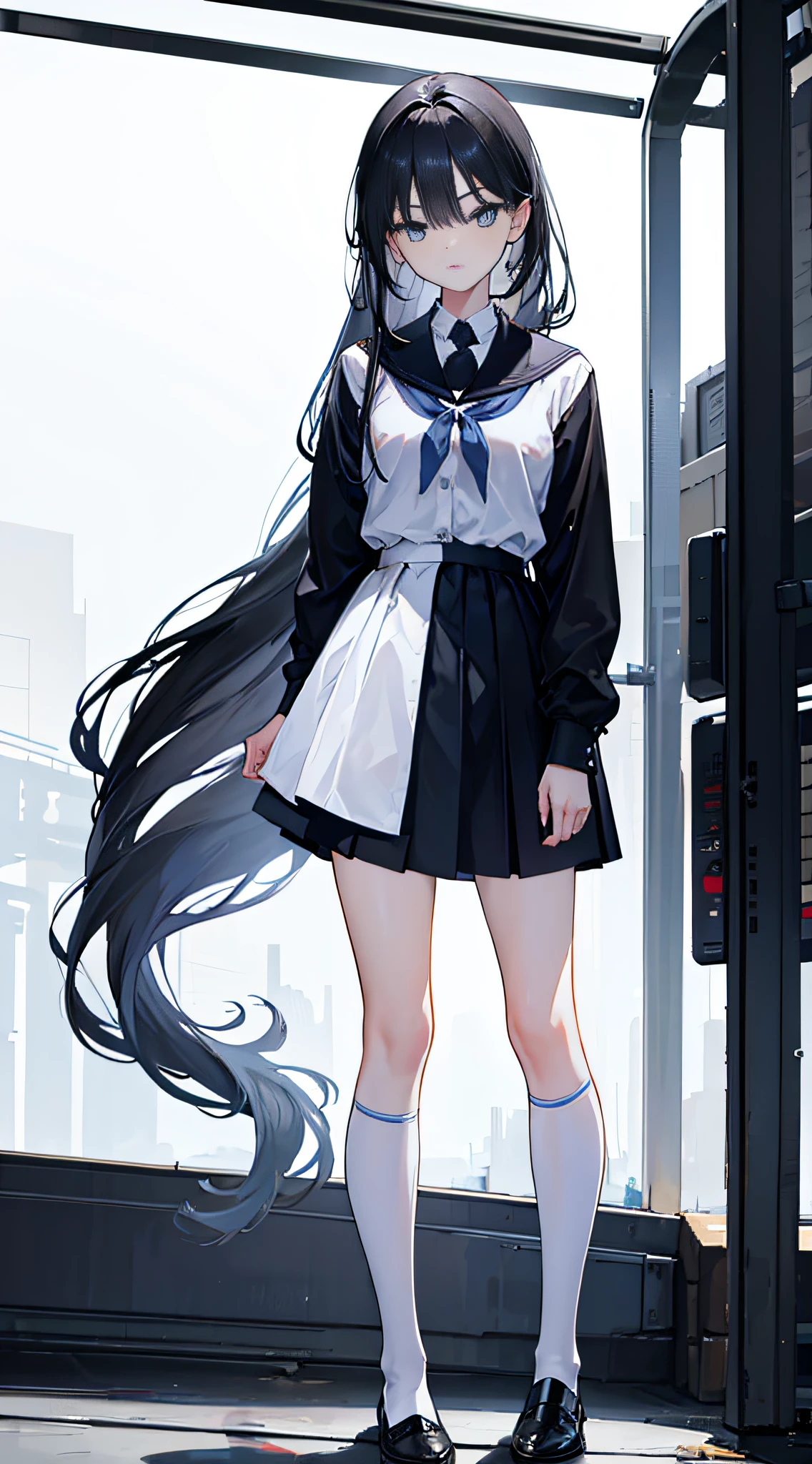 A flat girl with strong blue hair and long but not so long and black eyes in school uniform, beautiful, tall, thin