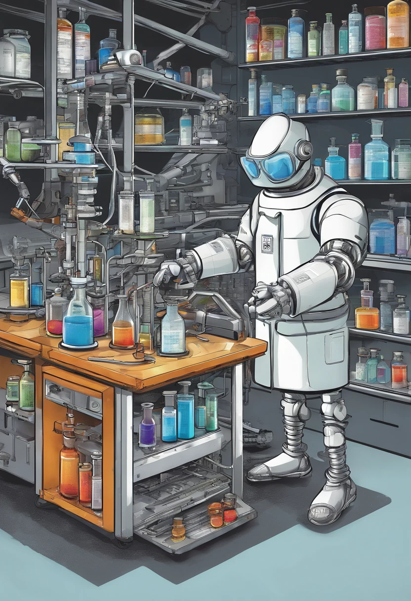 a robot chemist,scientific,lab,chemical reactions,glass beakers,bubbling reactions,stirring with a glass rod,precision measurements,laboratory equipment,goggles and lab coat,robot arms,microscope,computer screens,flasks and test tubes,chemistry data analysis,experiments,robotic precision,research,advanced technology,high-tech lab,liquid chemicals,safety protocols,colorful solutions,analyzing samples,automated experiments,innovation,efficient processes,chemical synthesis,accurate measurements,controlled environment,molecular structures,scientific discovery,chemical compounds,controlled reactions,precise timing,robotic advancements,reactive substances,synthesizing new materials,catalysts,lab assistants robotic arms,breakthrough discoveries,robot-assisted experiments,safety containment devices,colored indicators,controlled temperatures