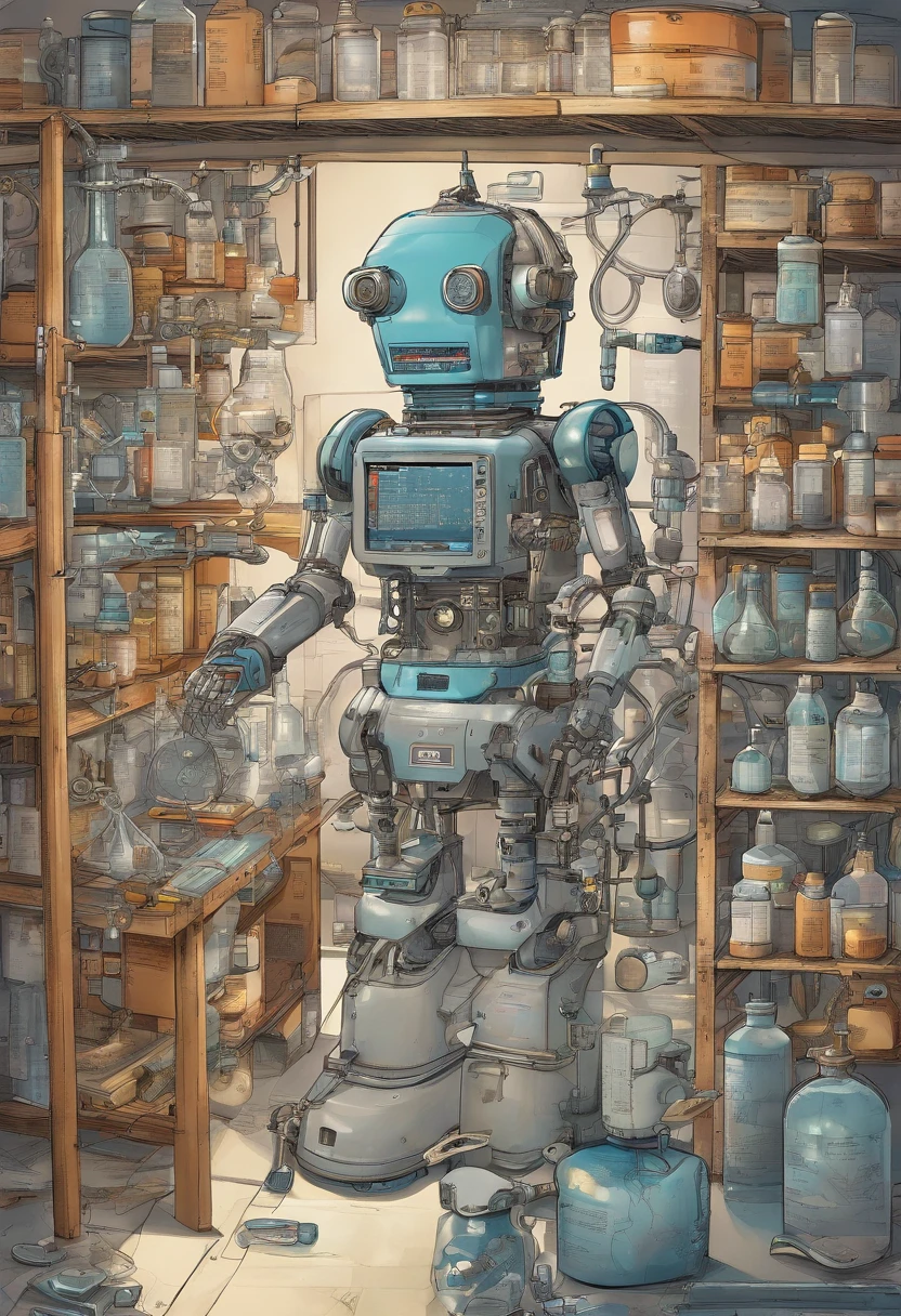 a robot chemist,scientific,lab,chemical reactions,glass beakers,bubbling reactions,stirring with a glass rod,precision measurements,laboratory equipment,goggles and lab coat,robot arms,microscope,computer screens,flasks and test tubes,chemistry data analysis,experiments,robotic precision,research,advanced technology,high-tech lab,liquid chemicals,safety protocols,colorful solutions,analyzing samples,automated experiments,innovation,efficient processes,chemical synthesis,accurate measurements,controlled environment,molecular structures,scientific discovery,chemical compounds,controlled reactions,precise timing,robotic advancements,reactive substances,synthesizing new materials,catalysts,lab assistants robotic arms,breakthrough discoveries,robot-assisted experiments,safety containment devices,colored indicators,controlled temperatures