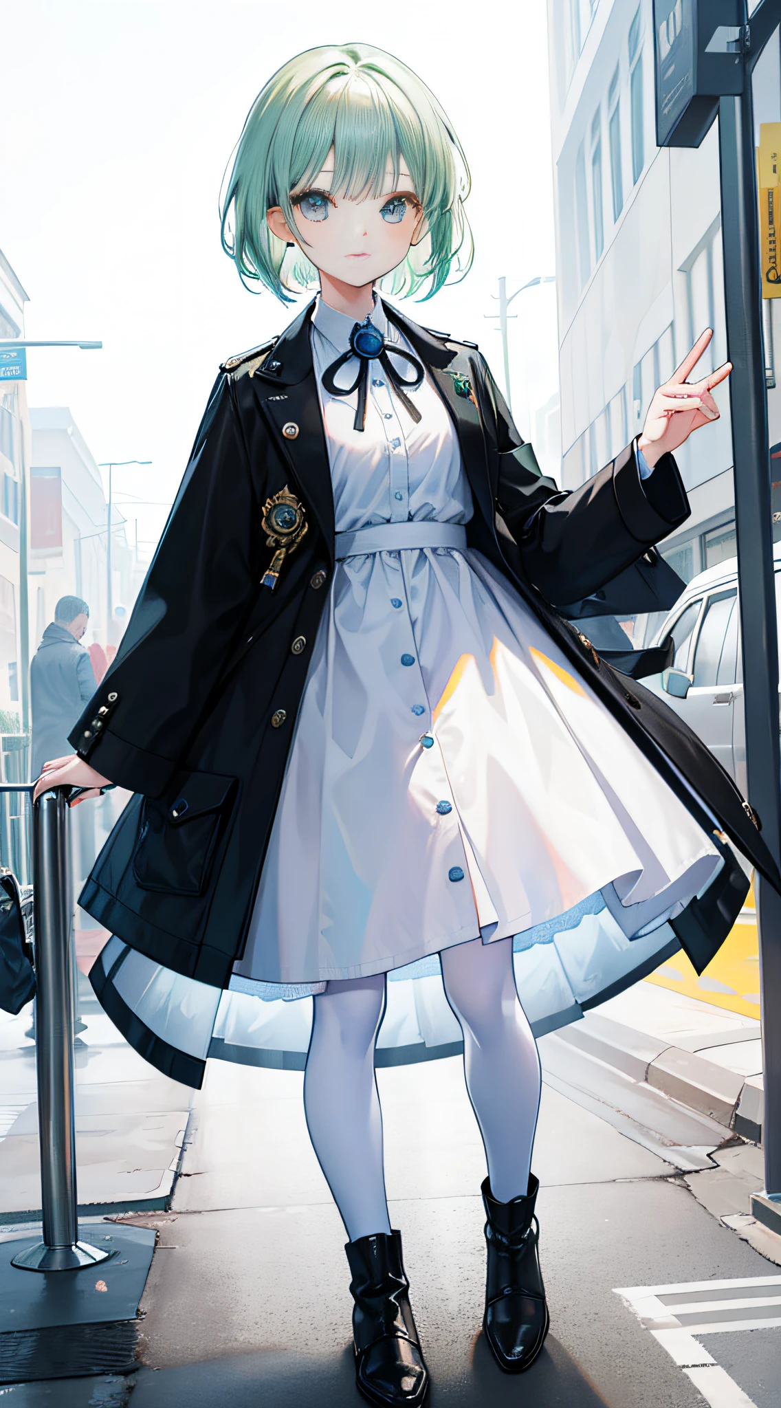 A girl with short hair, black eyes, and messy light green hair. She has a gentle expression and a surprised look on her face. She has a petite figure and a youthful appearance. She is wearing a white shirt and blue and white boots. The artwork is in the best quality, 4K or 8K resolution, and is considered a masterpiece. The girl's facial features are detailed, and the scene is panoramic, capturing the essence of the moment.