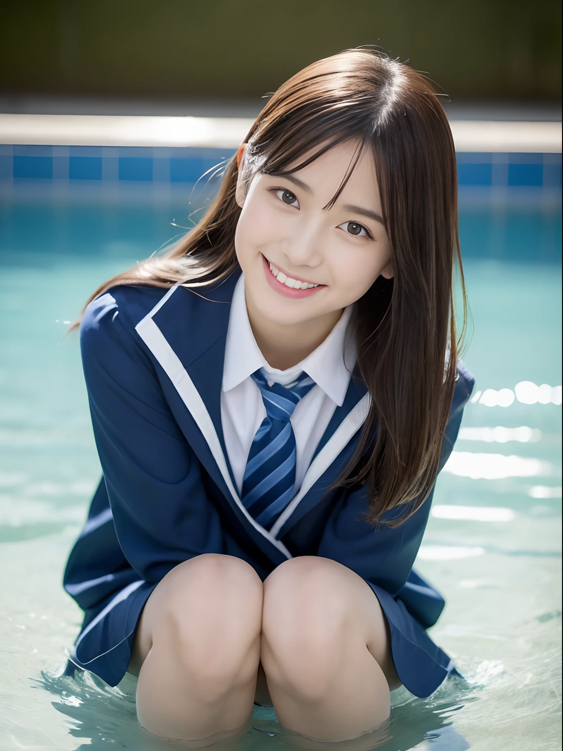 (32ｋ,high detal,high-detail、​masterpiece,Attention to detail))),Arab-asian woman in uniform, Realistic Young Gravure Idol, Surreal１７Year Old High School Girl, , japanese girl school uniform, a hyperrealistic schoolgirl,Young Pretty Gravure Idol, wearing japanese school uniform, Young Sensual Gravure Idol, Young Gravure Idol, Beautiful but innocent when you laugh１7--old h school girl,the whole body is wet,dripped out,with a flushed face,Tremendously beautiful legs,thighs thighs thighs thighs,Tremendously beautiful１7-year-olrl,naal soft light、the body is dripping wet,Sheer clothing,,Brown shiny hair,Hair is wet,Dripping water,dripping,,Have a troubled face,a miniskirt（,bare-legged,Pool cleaning,Sit up,Feet in the water,White short-sleeved shirt gets wet and see-through,summer clothing,I think I can see the pants a little more ...,Gentle smile,Look at the person you like,Splashing water flapping your feet：1.5）