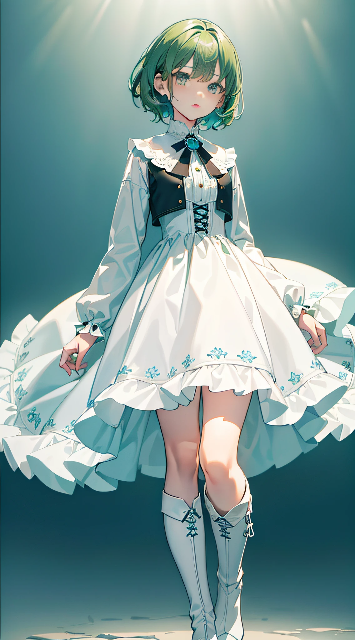 (A girl,Short hair,Dark eyes,Light green hair,messy hair style,soft expression,Surprised expression,Petite figure,young look,Energetic,White dress,Blue and white boots,(Best quality,4K,8K,A high resolution,Masterpiece:1.2),(Detailed facial features),panoramic,Portrait)