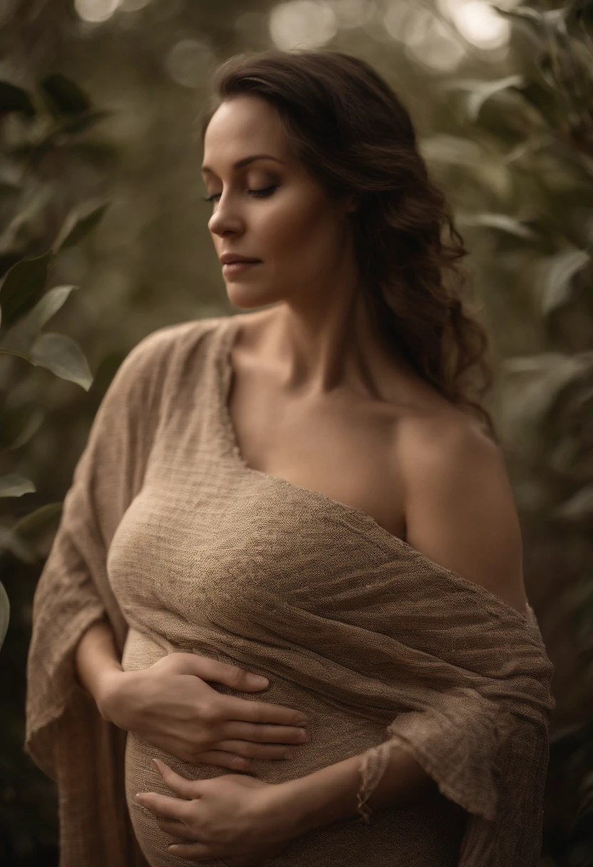 pregnant woman in cJungle, in the style of dark beige and beige, grid-based, highly textured, soft, photo taken with provia, close up shot, high quality photo