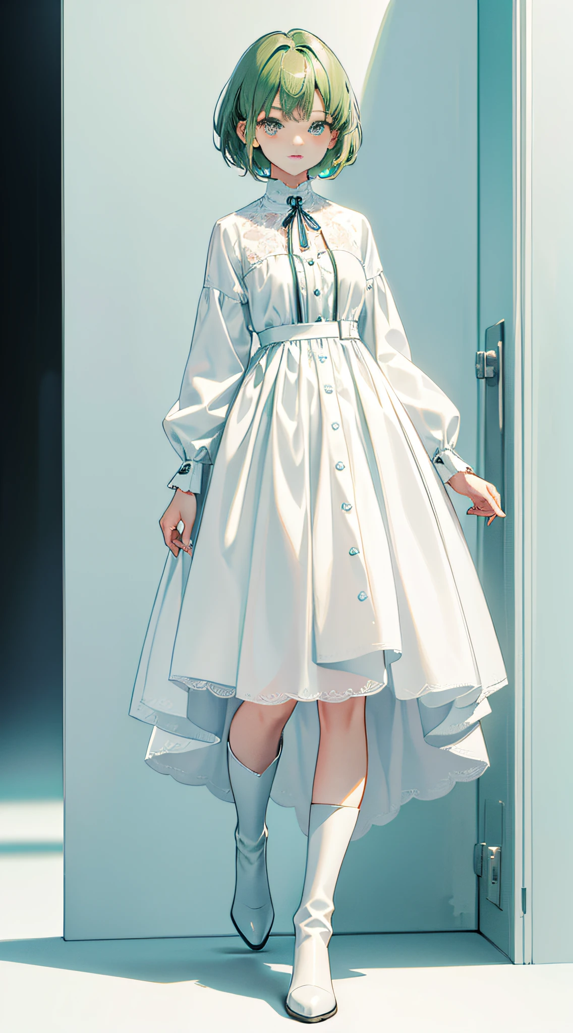 (A girl,Short hair,Dark eyes,Light green hair,messy hair style,soft expression,Surprised expression,Petite figure,young look,Energetic,White dress,Blue and white boots,(Best quality,4K,8K,A high resolution,Masterpiece:1.2),(Detailed facial features),panoramic,Portrait)