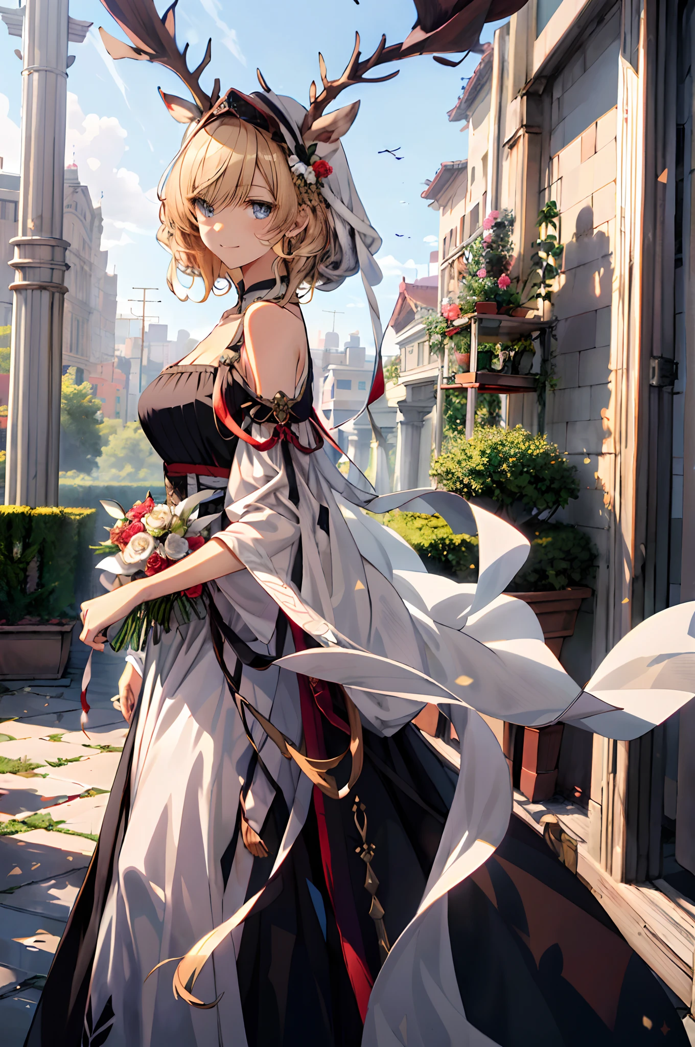 (tmasterpiece、top-quality、illustratio、Extremely high quality、high-level image quality、Extremely sensitive writing)Blonde girl standing in beautiful garden、A slight smile、She has a large bouquet、Cute national costume style dress,There are ruffles on the shoulders、Hair fluttering in the wind