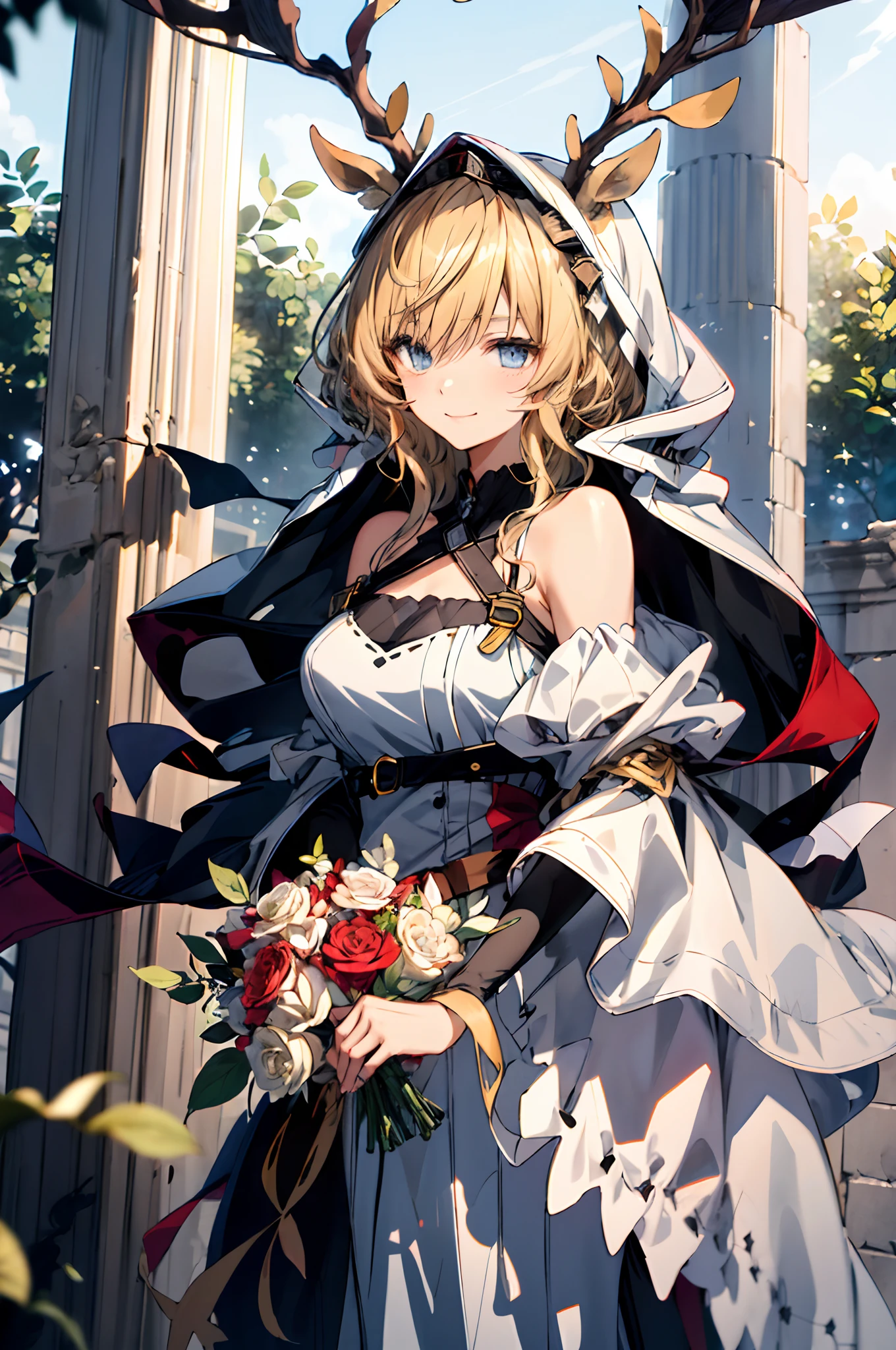 (tmasterpiece、top-quality、illustratio、Extremely high quality、high-level image quality、Extremely sensitive writing)Blonde girl standing in beautiful garden、A slight smile、She has a large bouquet、Cute national costume style dress，There are ruffles on the shoulders、Hair fluttering in the wind