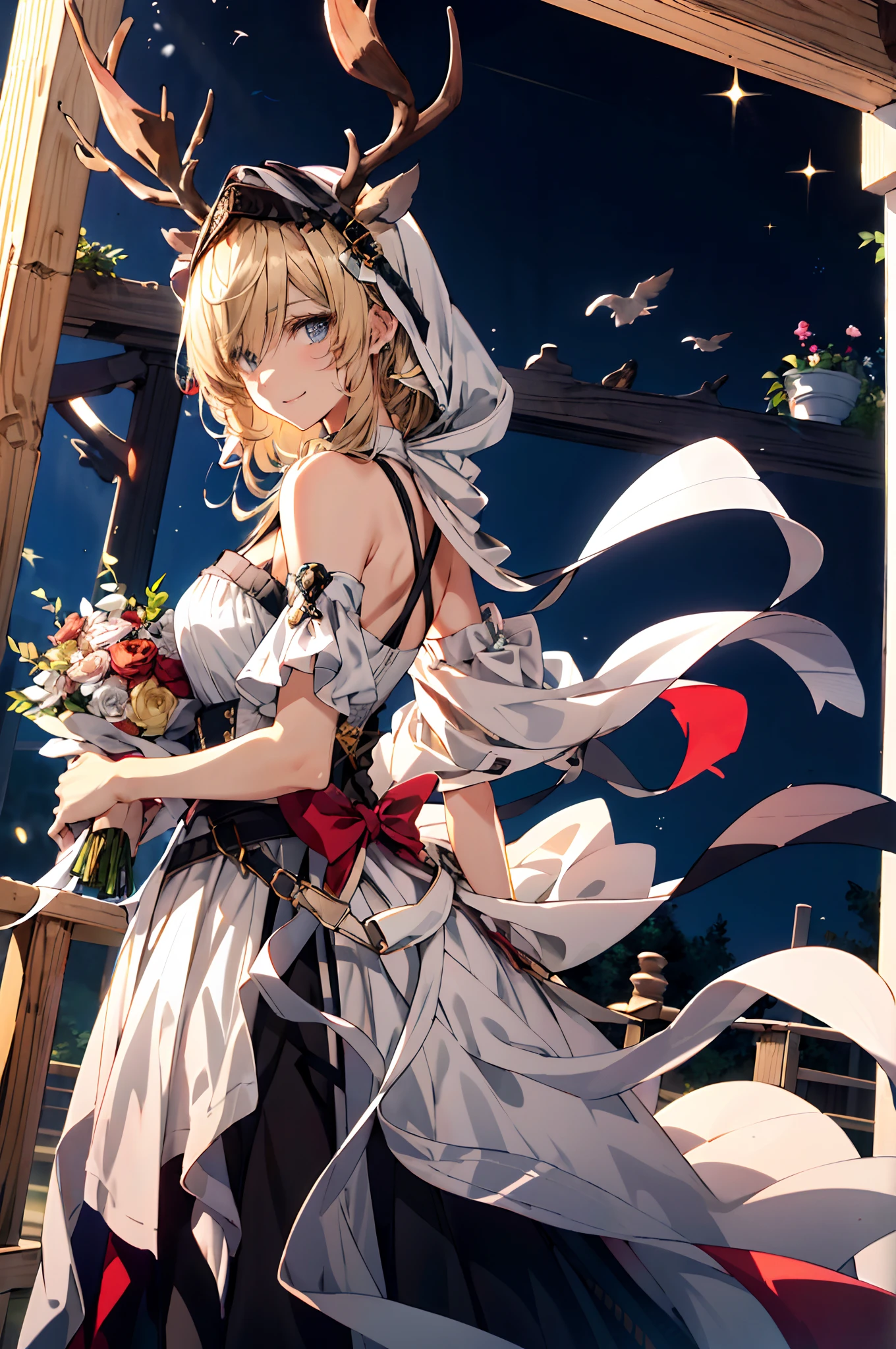 (tmasterpiece、top-quality、illustratio、Extremely high quality、high-level image quality、Extremely sensitive writing)Blonde girl standing in beautiful garden、A slight smile、She has a large bouquet、Cute national costume style dress，There are ruffles on the shoulders、Hair fluttering in the wind