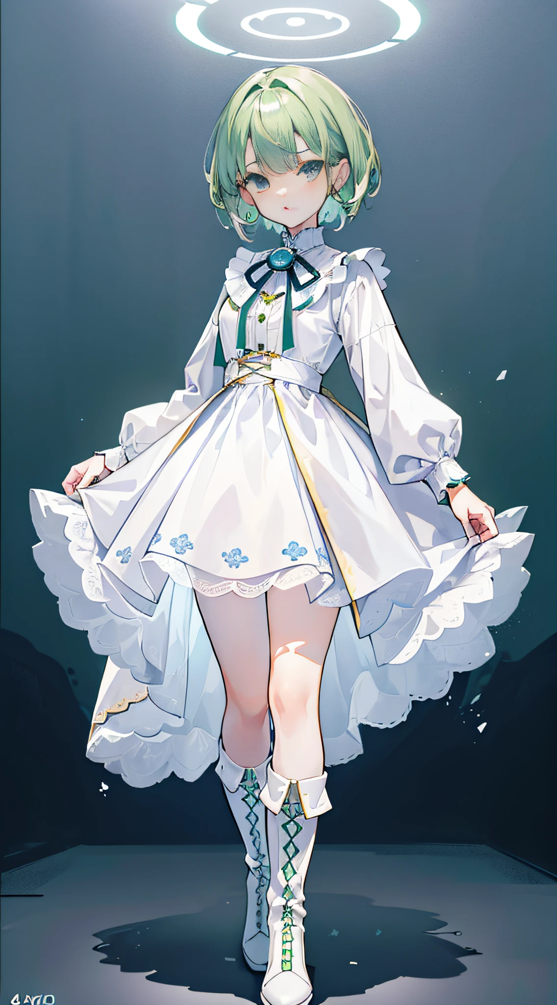 (a girl,short hair,dark eyes,light green hair,disheveled hairstyle,soft expression,surprised expression,petite figure,youthful appearance,energetic,white dress,blue and white boots,(best quality,4K,8K,highres,masterpiece:1.2),(detailed facial features),panoramic,portrait)