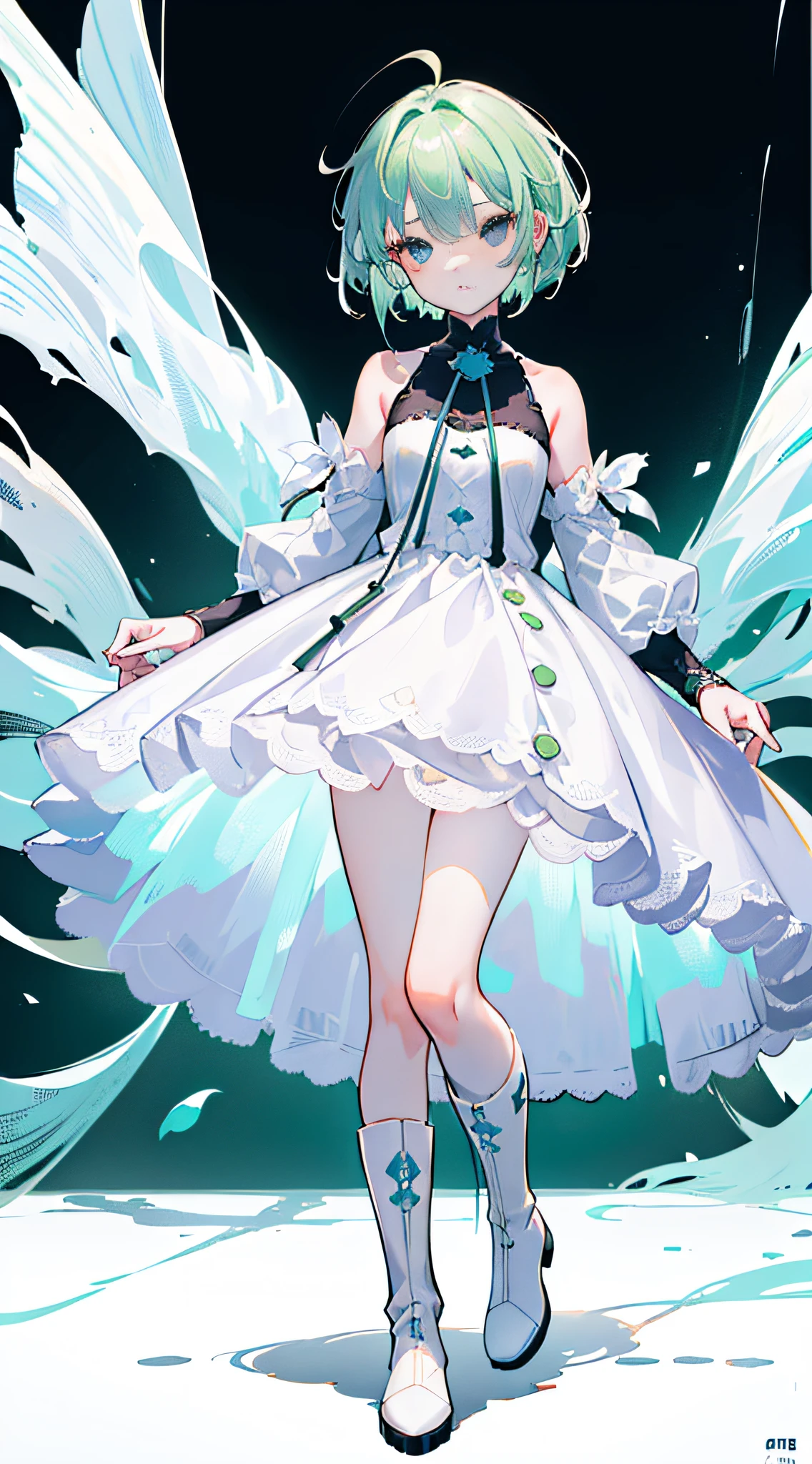 (A girl, short hair, (black eyes), light green hair, messy hairstyle, soft expression, full of joy, petite figure, immature appearance, dynamic, white dress, blue and white boots, (best quality, 4K, 8K, high resolution, masterpiece:1.2), (detailed facial features), panoramic, portrait)