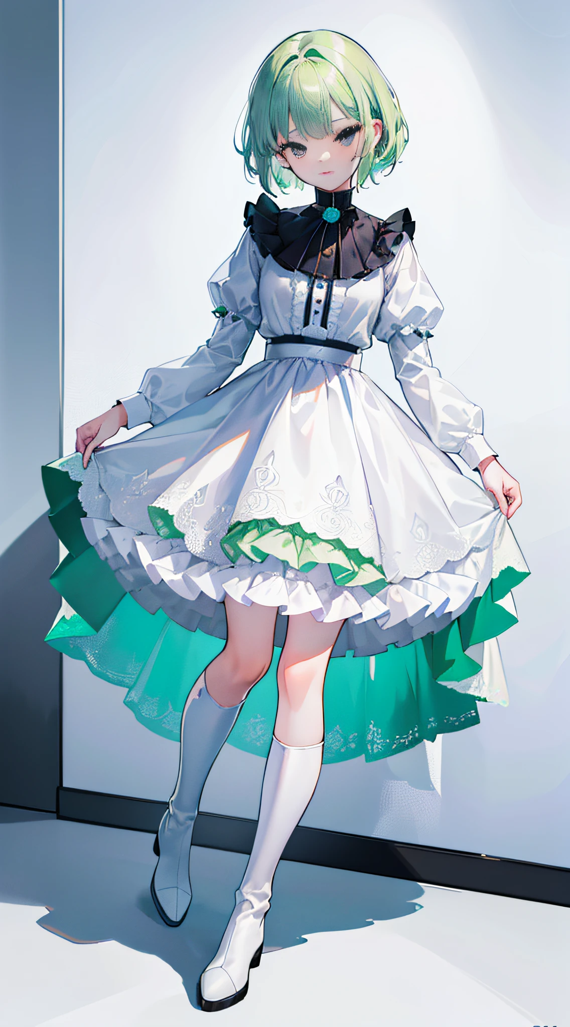 (A girl, short hair, (black eyes), light green hair, messy hairstyle, soft expression, full of joy, petite figure, immature appearance, dynamic, white dress, blue and white boots, (best quality, 4K, 8K, high resolution, masterpiece:1.2), (detailed facial features), panoramic, portrait)