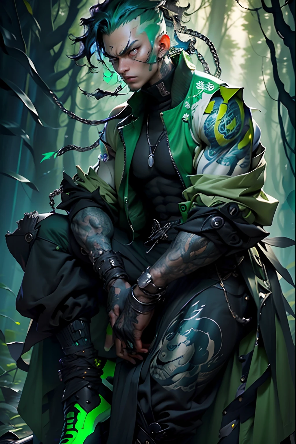 boy wearing sage green futuristic jacket, zoro vibe with katana, slim body, black turtle neck attire, big jacket, serious face, chains, tattoos, cool sit pose, big eyes, glowing forest background