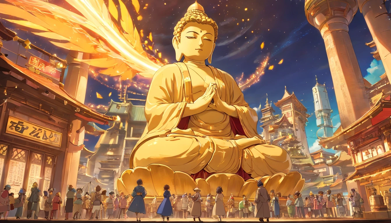 Super giant mechanical Buddha statue,Adoring crowds,Scripture shines in the sky,In steampunk style,super-fine,8K,Works of masters,Meticulous mechanical depiction,OC renderer,Ultra photo realsisim