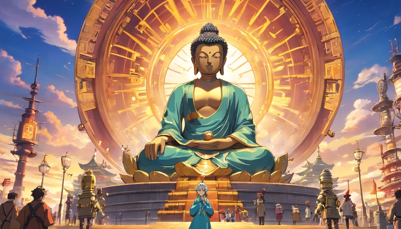 Super giant mechanical Buddha statue，Adoring crowds，Scripture shines in the sky，In steampunk style，super-fine，8K，Works of masters，Meticulous mechanical depiction，OC renderer，Ultra photo realsisim